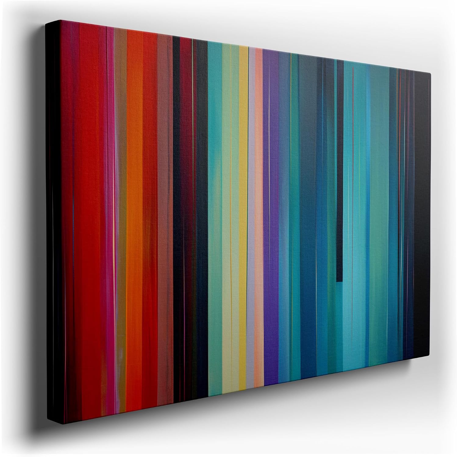 Canvas for Living room. Abstract Elegance: A Tapestry of Vertical Stripes and Vivid Hues Against a Blue Expanse, 27 x 18 inch Canvas Wall Art - Contemporary Masterpieces - Modern Home Decor