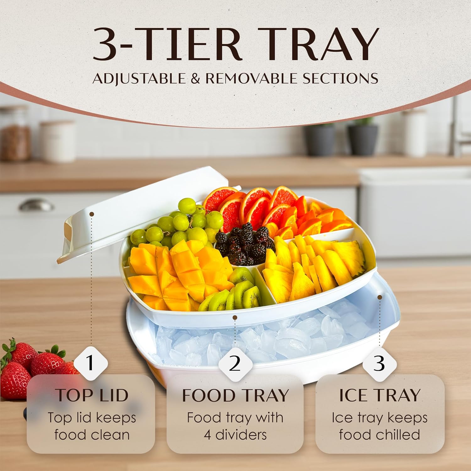 15" White-Colored Chilled Serving Tray - 3-Tier Ice Party Platter with 4 Compartments, Ice Tray & Lid, BPA-Free Melamine, Dishwasher & Freezer Safe for Fruits & Vegetables - Cutting Board Included