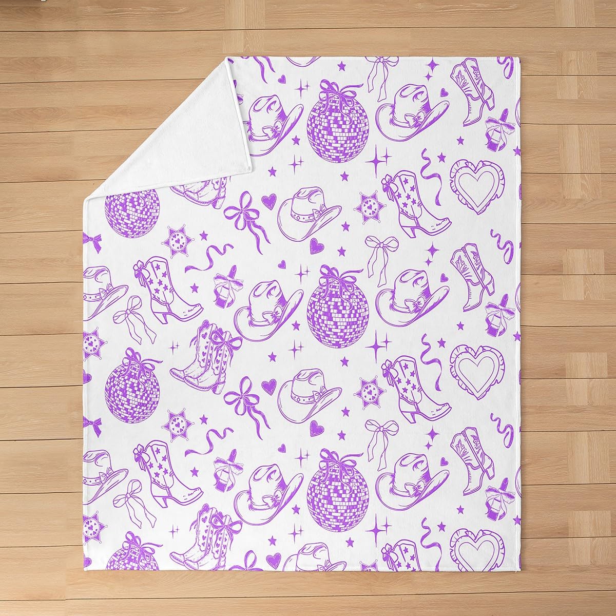 Cute Bowknot Kids Flannel Blanket,Western Cowgirl Boot Cap Disco Retro Bed Blanket for Girls Women,Bow Tie Star Love Heart Fleece Blanket,Purple