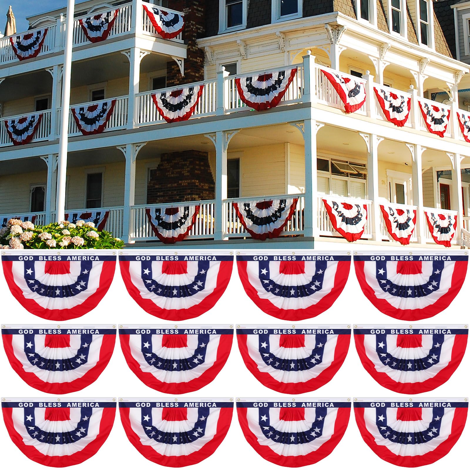 Photo 1 of 24 Pieces American Bunting Flags 1.5 x 3 ft God Bless America USA Patriotic Pleated Fan Flag Patriotic Half Fan Banner Flag for 4th of July Independence Day Porch Garden Outdoor Indoor Decorations