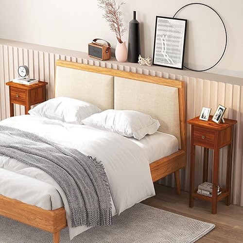 Miniatura 2 de DORTALA Mesa auxiliar, mesa auxiliar de 2 niveles con estante de almacenamiento y cajón, mesita de noche estrecha para espacio pequeño, muebles de