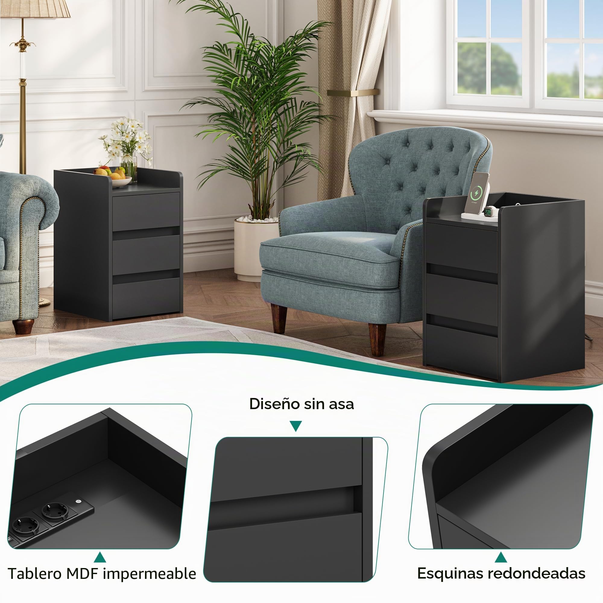 YITAHOME Mesita de Noche de 3 Cajones, Mesita de Noche con Estación de Carga, 2 Puertos y Tomas USB, Mesa Auxiliar Impermeable para Salón y Dormitorio, 35 x 40 x 60 cm (Negro)