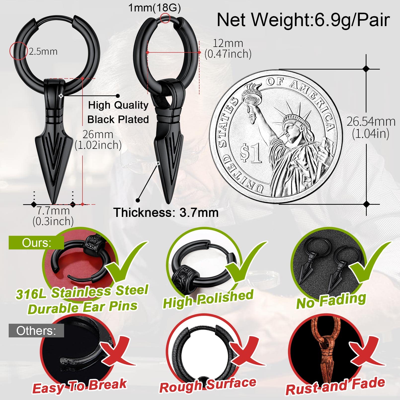 FaithHeart Pendientes Vikingos Hombres Acero Inoxidable 316L Aros con Colgante Vikingo Punta Flecha Lanza Calavera Joyería Hippie