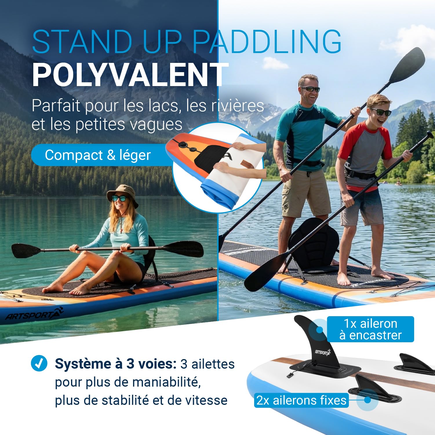 ArtSport Planche Paddle Gonflable 320 cm avec Siège Kayak, Support Caméra Action, Capacité 150 kg