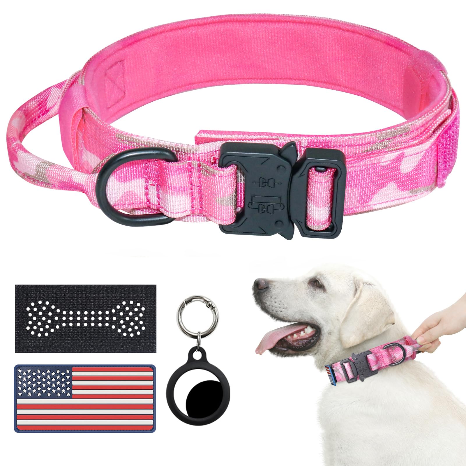 Hotsky Tactical Dog Collar, Adjustable Military Training Nylon Airtag Collar with Handle and Heavy Duty Metal Buckle for Medium Large Dogs, with