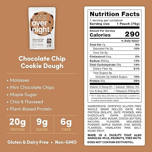 Miniatura 2 de Oats Overnight  Avena para remojar durante la noche - Chocolate Chip Cookie Dough - Batido de desayuno alto en fibra y con 20 g de proteína vegano -