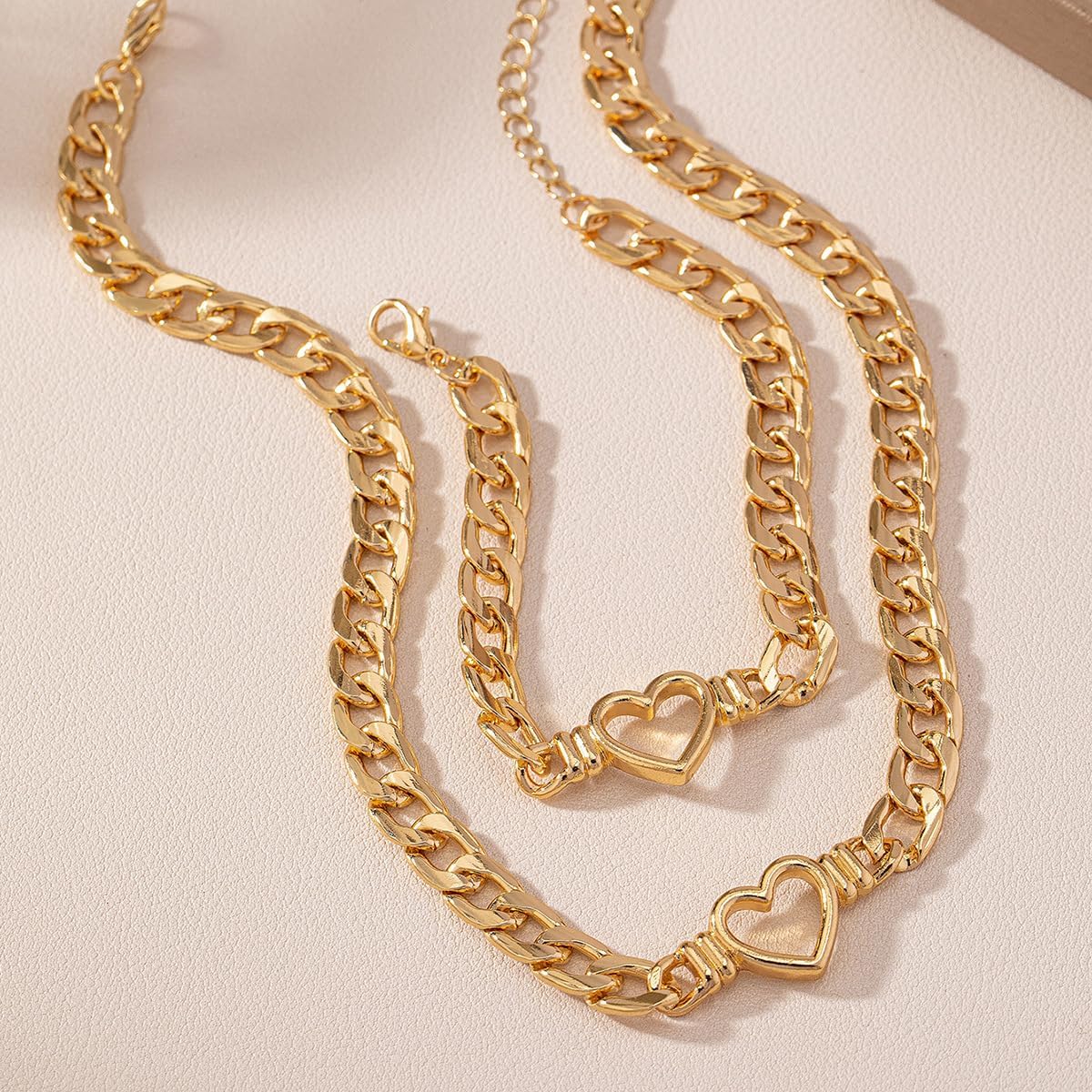 PLOUTOS Heart Hollow Open Chunky Curb Chain Link Necklace Bracelet Set For Women Two Piece Matching Jewelry For Women Alloy Gold Tone Adjustable Statement - Image 5
