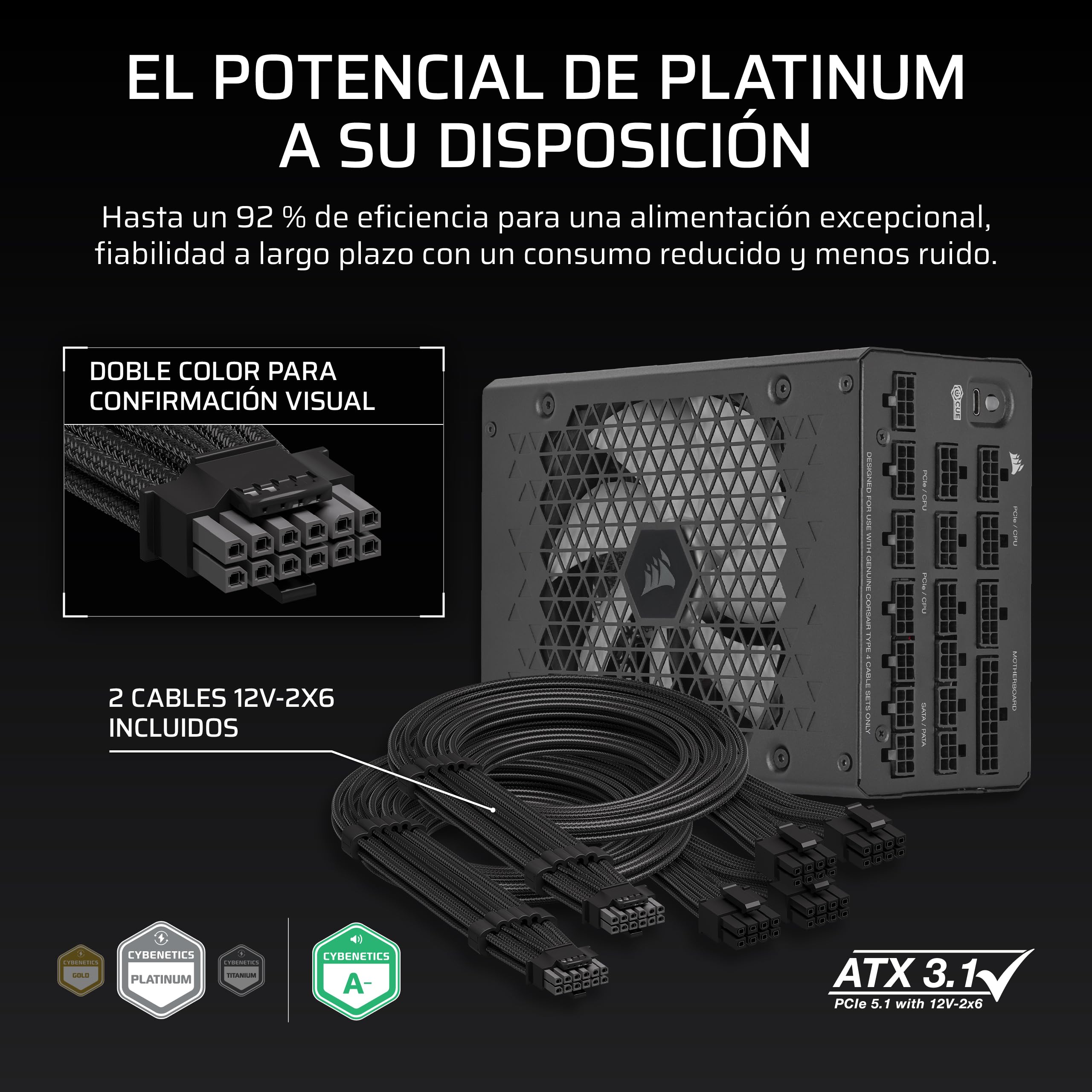 CORSAIR HX1500i (2025) Fuente de Alimentación ATX Silenciosa Totalmente Modular con Cable 12V-2x6 – Compatible con ATX 3.1 y PCIe 5.1, Eficiencia Cybenetics Platinum – Negro