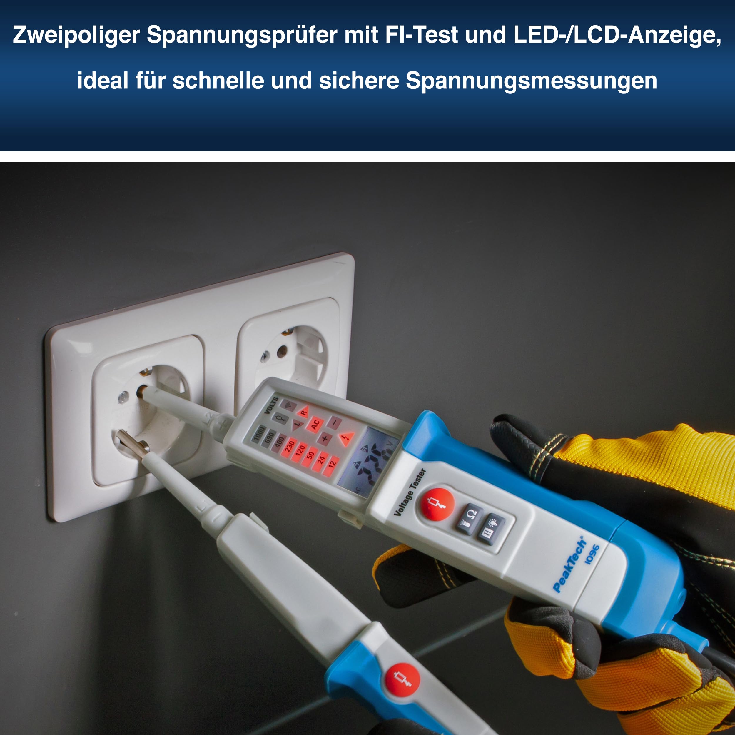 PeakTech P 1096 Stromprüfer Spannungsprüfer zweipolig + Dual Anzeige & FI-Test, Staub- & Wasser Schutz (IP64) LCD-Display + Taschenlampe, Durchgangsprüfer, Spannungsmesser 6V-1000V