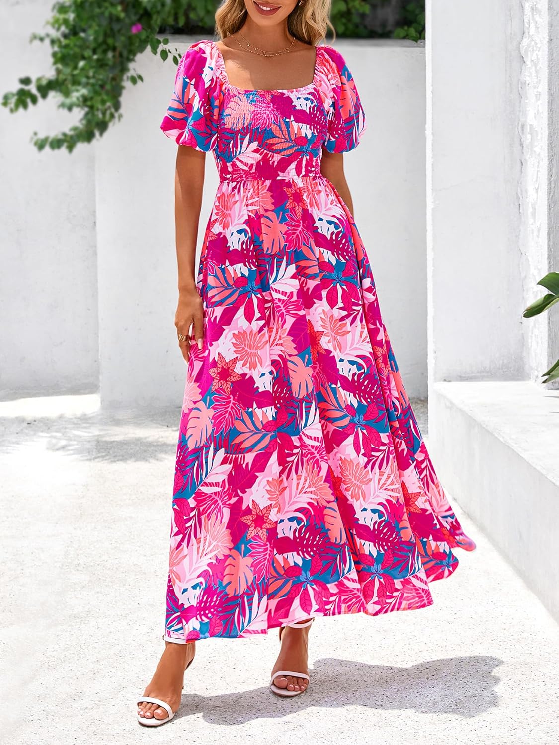 BTFBM Womens Summer 2025 Casual Maxi Dresses Short Sleeve Smocked Tiered Floral Boho Long Beach Dress with Pockets - Image 2