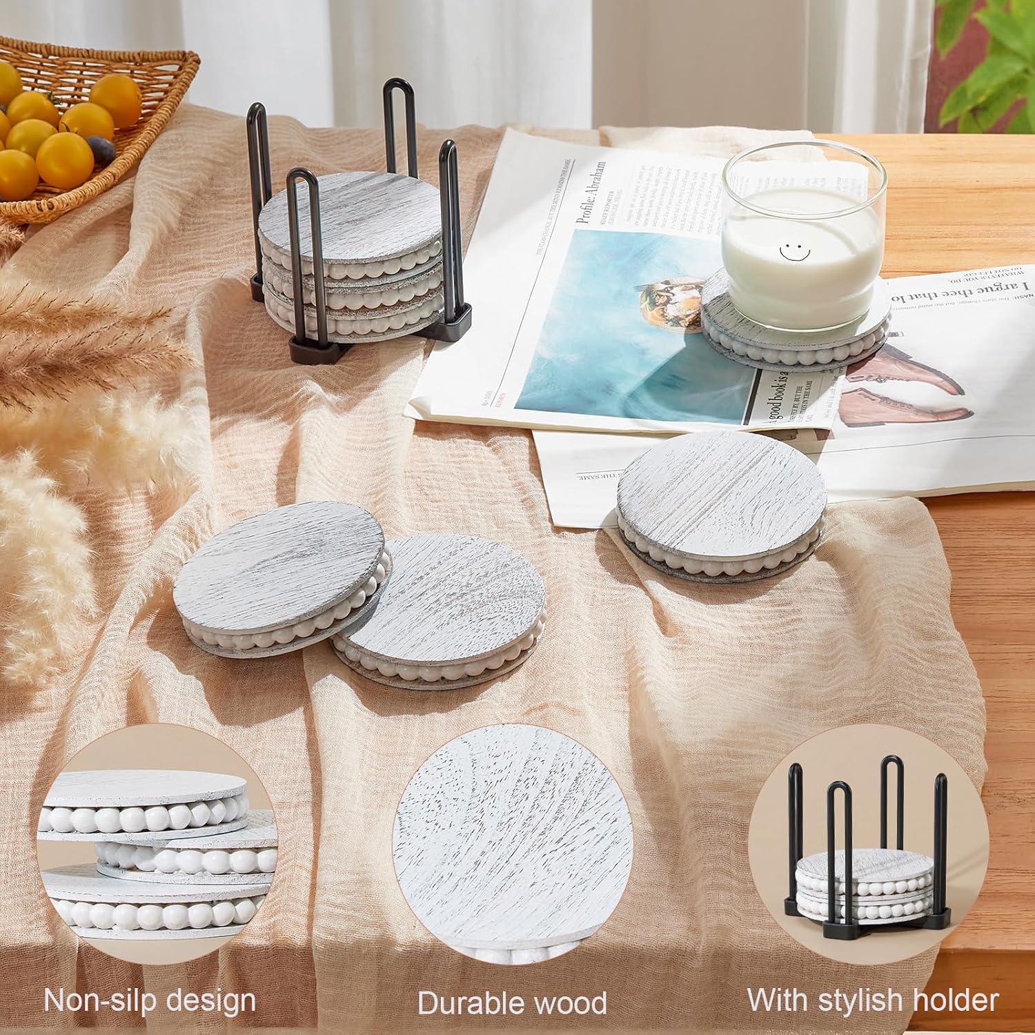 Set of 6 Wooden Coasters for Drinks-Farmhouse Wooden Bead Coasters with Holder for Coffee Table Decor - Image 3