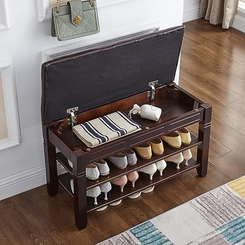 Miniatura 3 de HOOTSMALL Banco de almacenamiento de zapatos con cojín, banco de entrada con banco de almacenamiento de madera maciza para zapatos, ideal para
