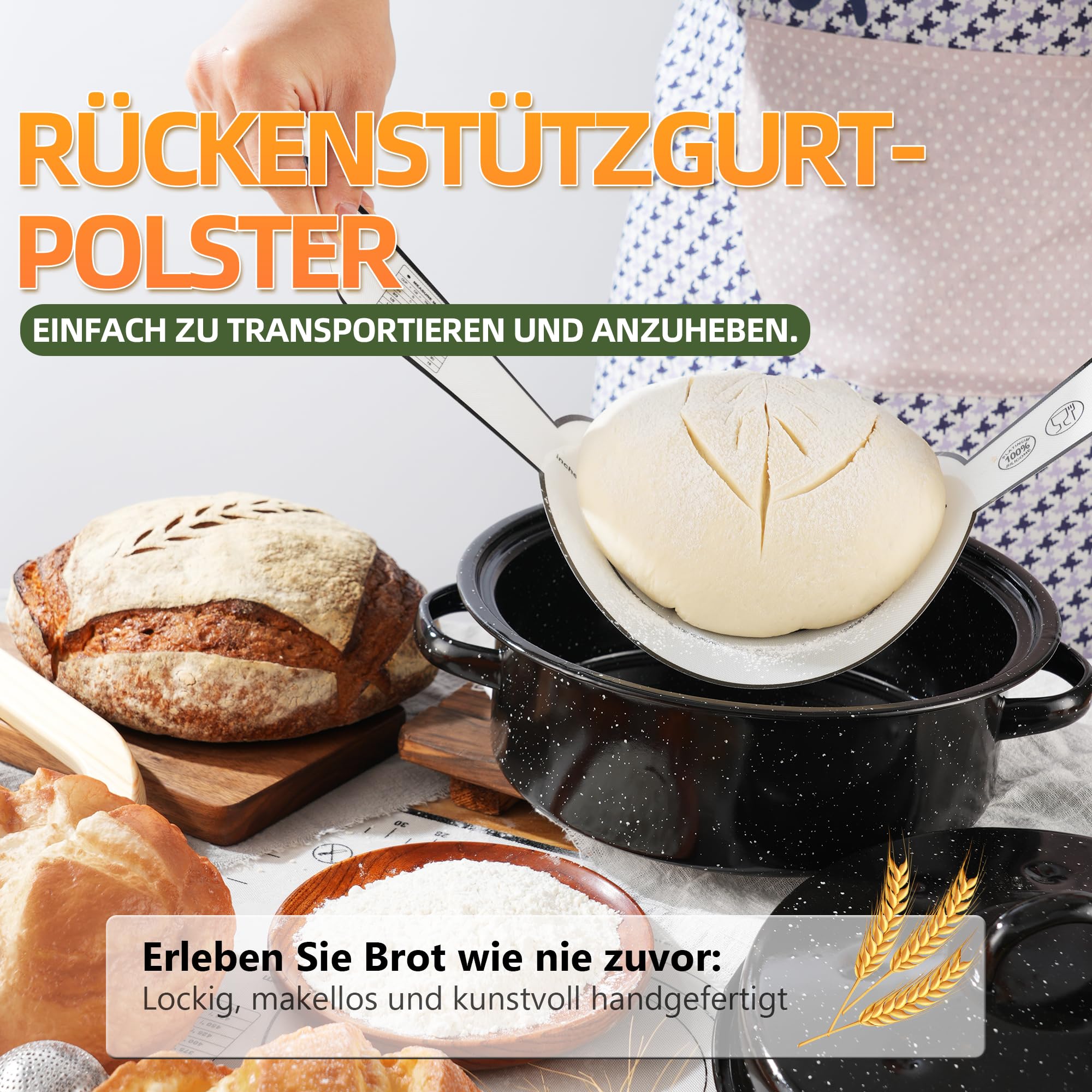 Sauerteig Brot Bakset mit hochwertigem Emaillepott und Gärkorb Brot Natur Roggenbrot Gärkorb Set Gärkorb Rund, Handgebacken Brotbackset, geeignet für Hobbybäcker und Sauerteig Brot Liebhaber (Grün)