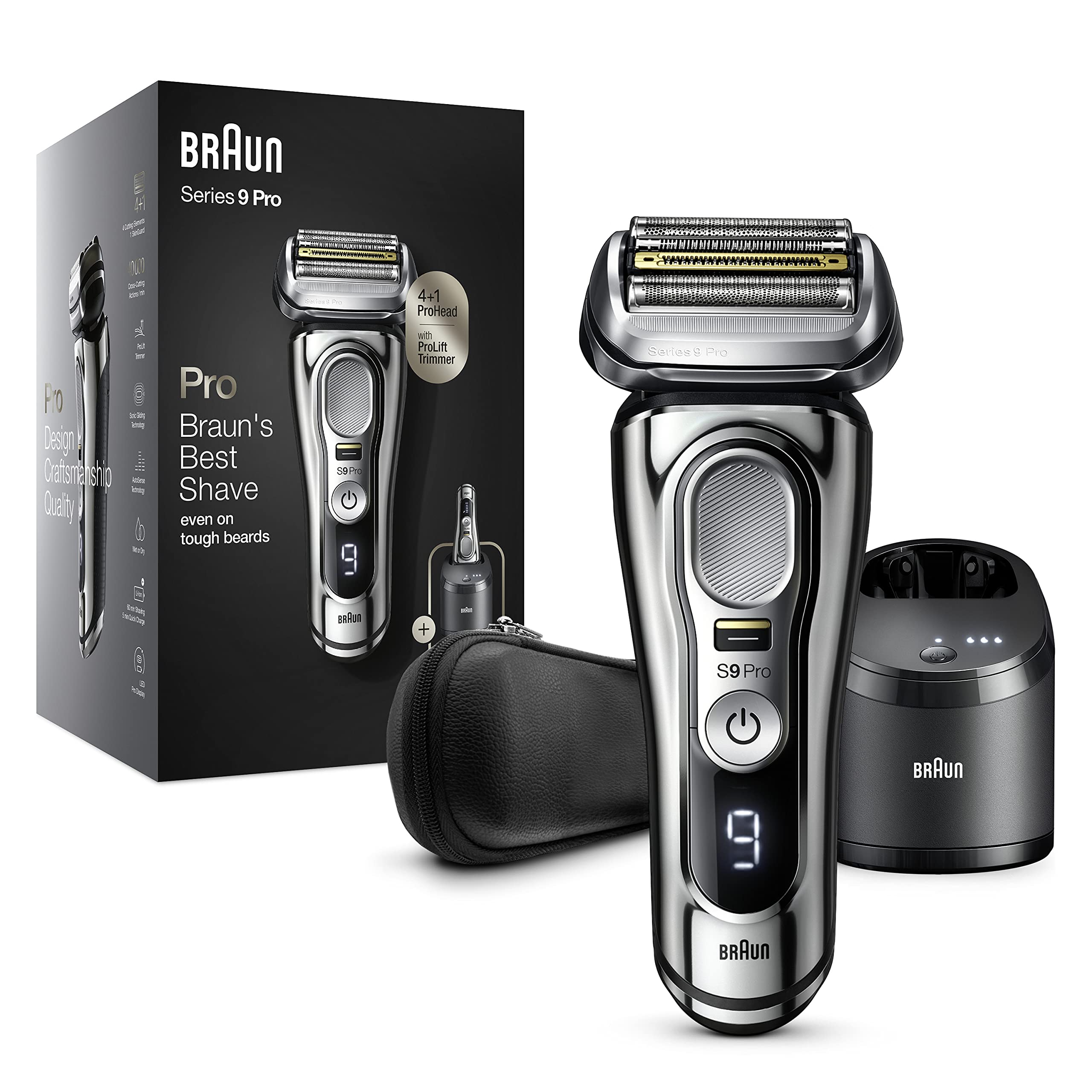 Braun Series 9 Pro Afeitadora Eléctrica Hombre, Máquina de Afeitar Barba con Recortadora ProLift y Cabezal 4en1, Centro de Limpieza y Carga 5en1, Funda, Recargable, Inalámbrica, 9466 CC, Cromo