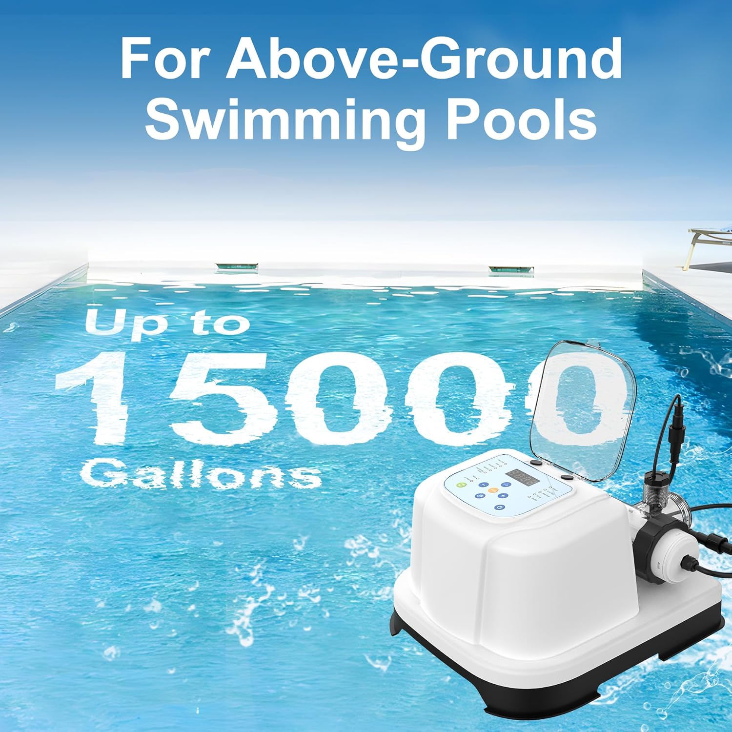 Saltwater Chlorinator for Above Ground Pools, Salt Water Pool System for up to 15000 Gallons, Self-Cleaning Salt Chlorine Generator, with Auto/AI Modes, Adapters and Test Strip Included