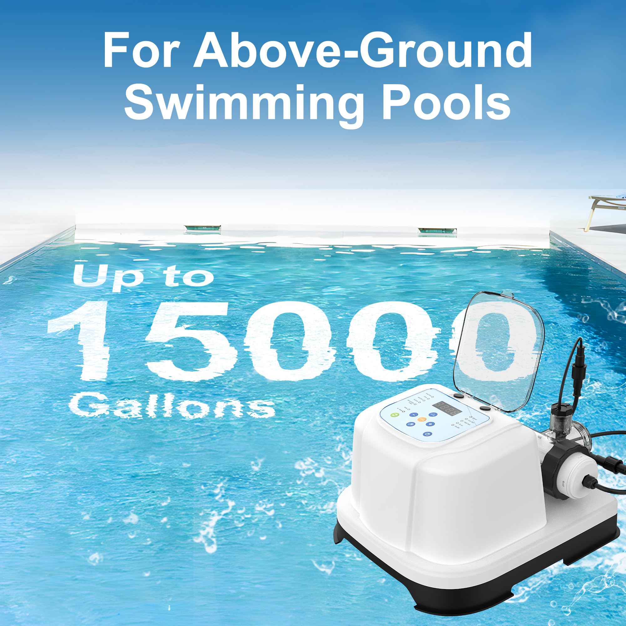 Chlorinateur d'eau salée pour piscines hors sol, système de piscine d'eau salée jusqu'à 5 000 litres, générateur de chlore salé autonettoyant, avec modes auto/AI, adaptateurs et bandelette de test