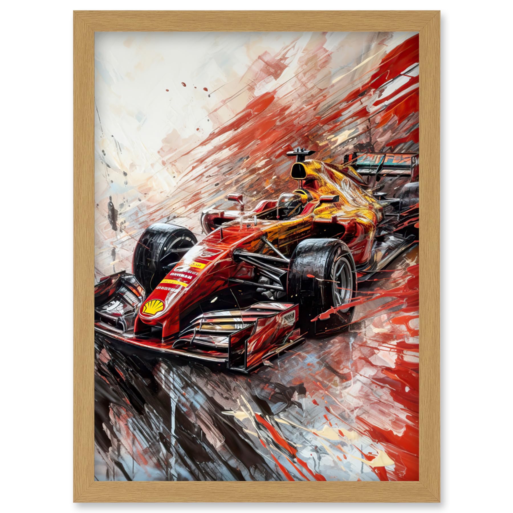 Artery8 Grand Prix Red Race Car Action Shot Paint Splat Artwork Framed Wall Art Print A4