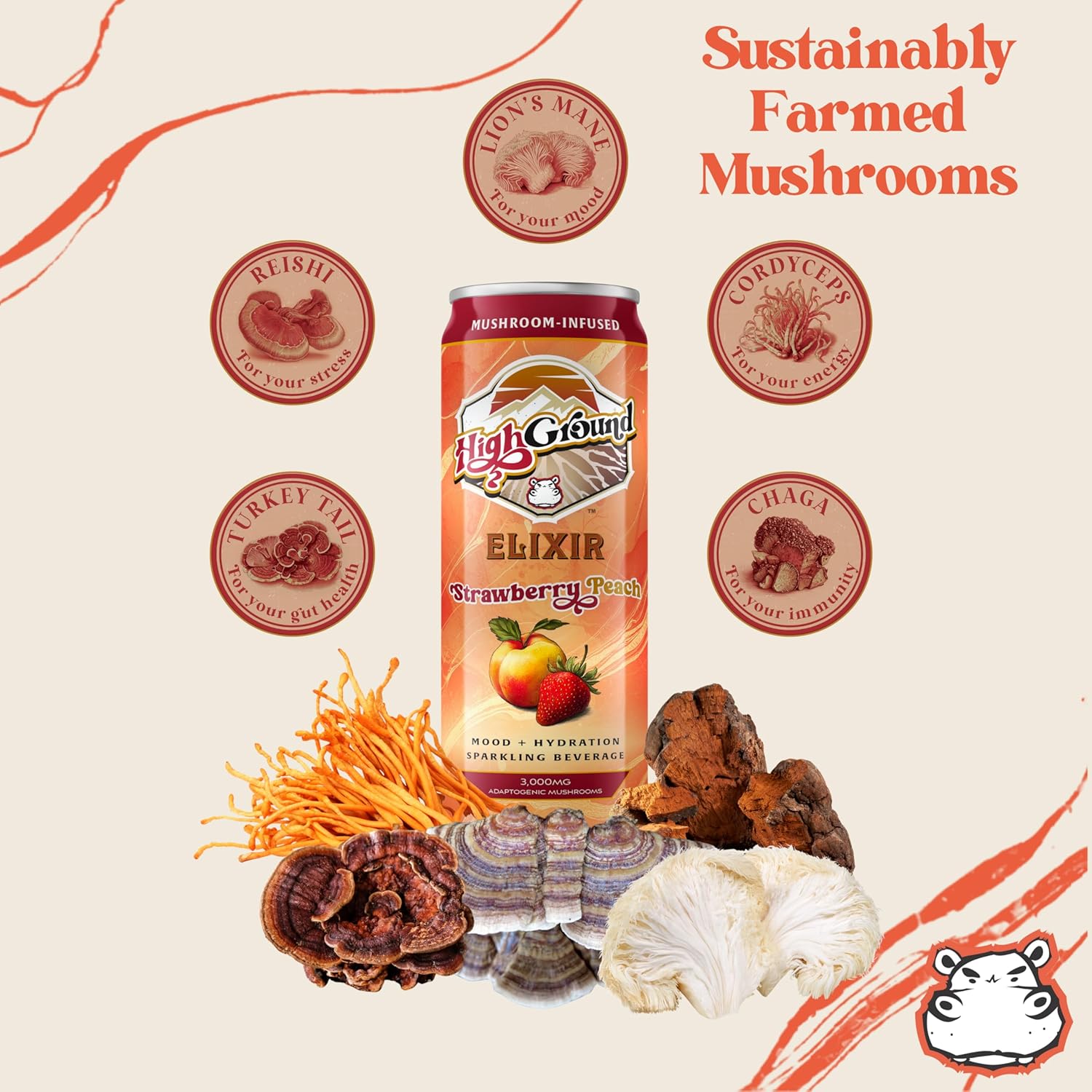 81xRK-7Z+HL._SL1500_ High Ground Elixir Mushroom Seltzer – Strawberry Peach | Lion’s Mane for Focus, Reishi for Stress, Cordyceps, Chaga, Turkey Tail, L-Theanine | Adaptogen Drink | Low Cal, No Added Sugar, 12oz Cans, 6 Pack