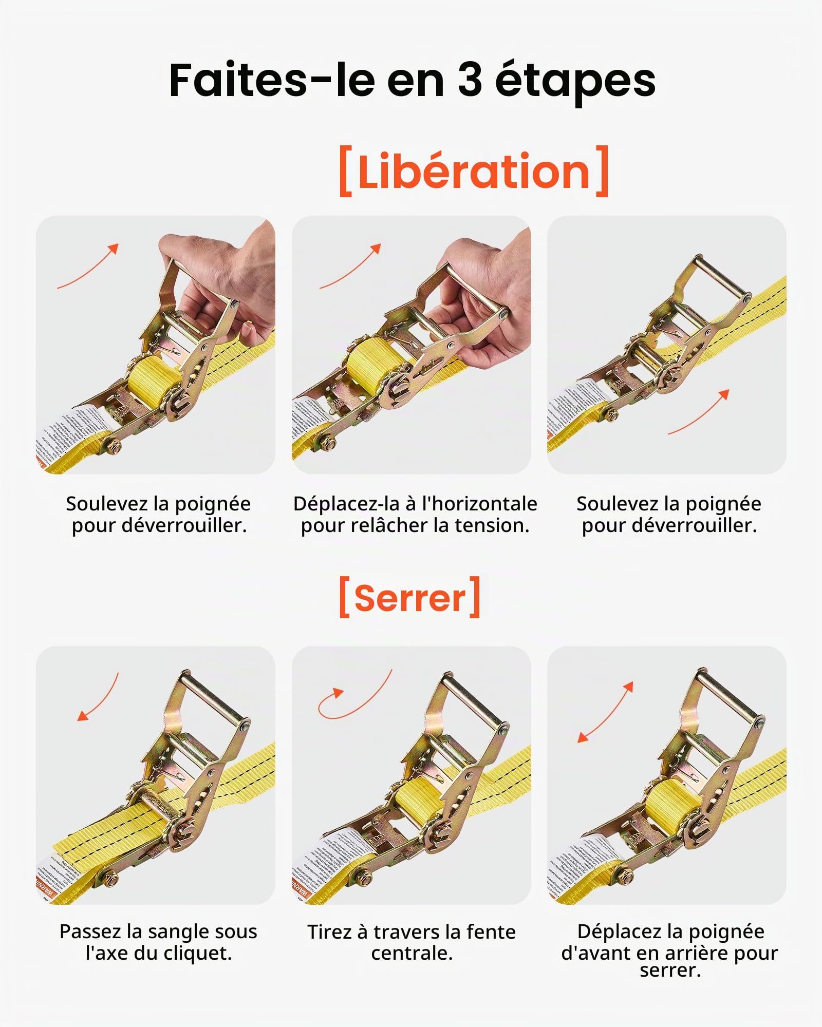 VEVOR Sangle à Cliquet 3,8 cm x 6 m Sangle d'Arrimage Lot de 4 Sangles de Chargement Fixation pour Déménagement Remorques Motos Kayaks Toit Voiture, avec Crochet Double J Résistance à Rupture 2000 kg