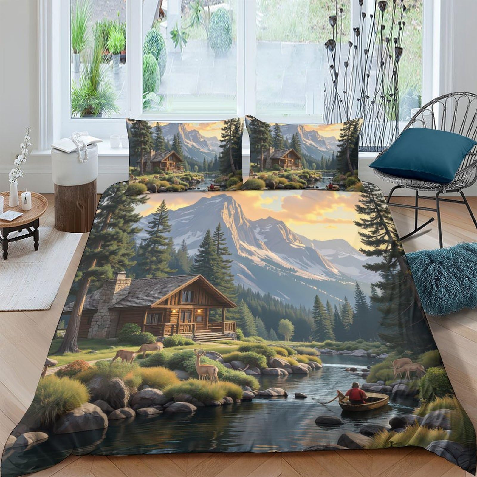 Ctjqhvkz Style-1 3D Printed Mountain Cabin Fitted Sheet Microfiber Soft Nature River Landscape Bed Cover For Bedroom Guest Room Decor Single（135X200cm）