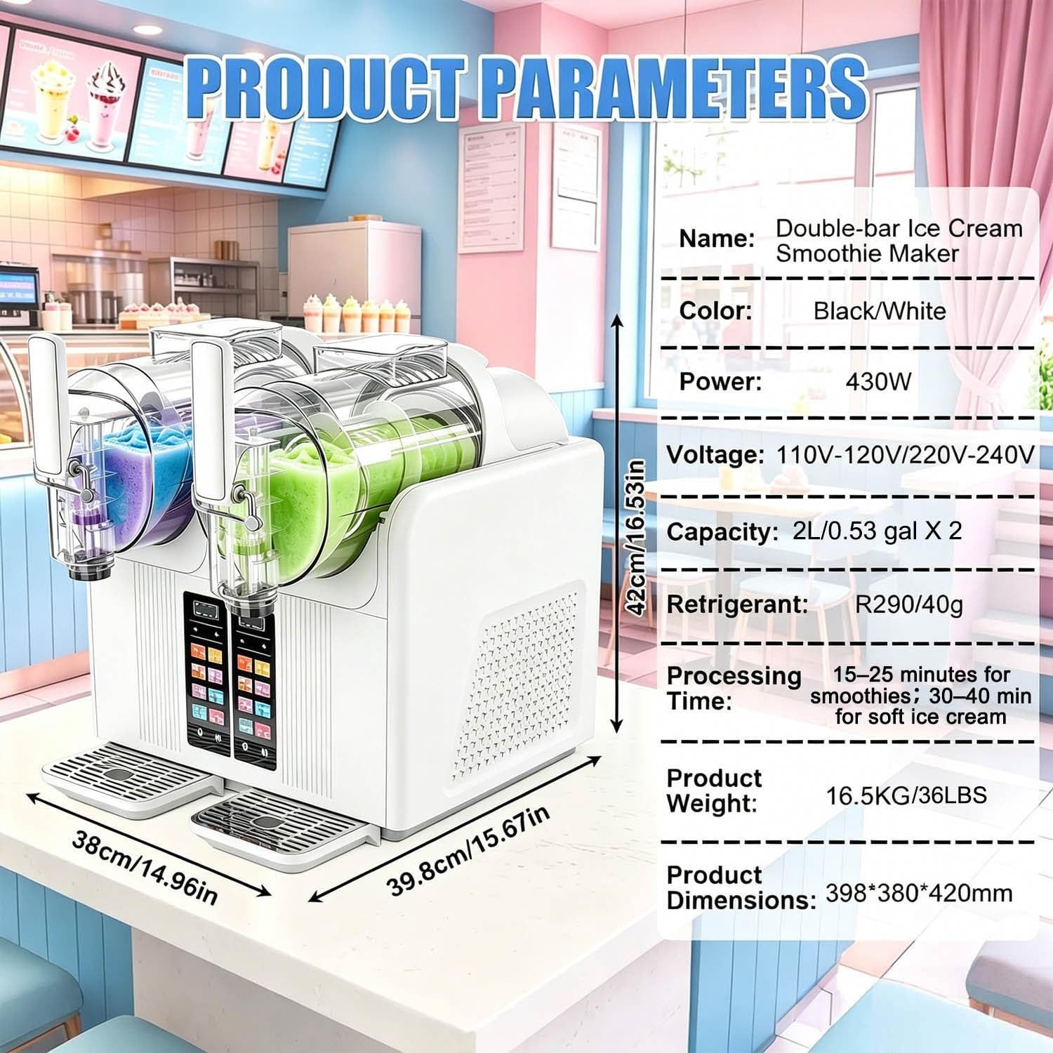 Máquina para hacer granizados, 430 W, 2 L, doble depósito, para uso comercial, 7 programas preestablecidos con pantalla LED y autolimpieza, no necesita hielo para preparar cócteles congelados (Bl