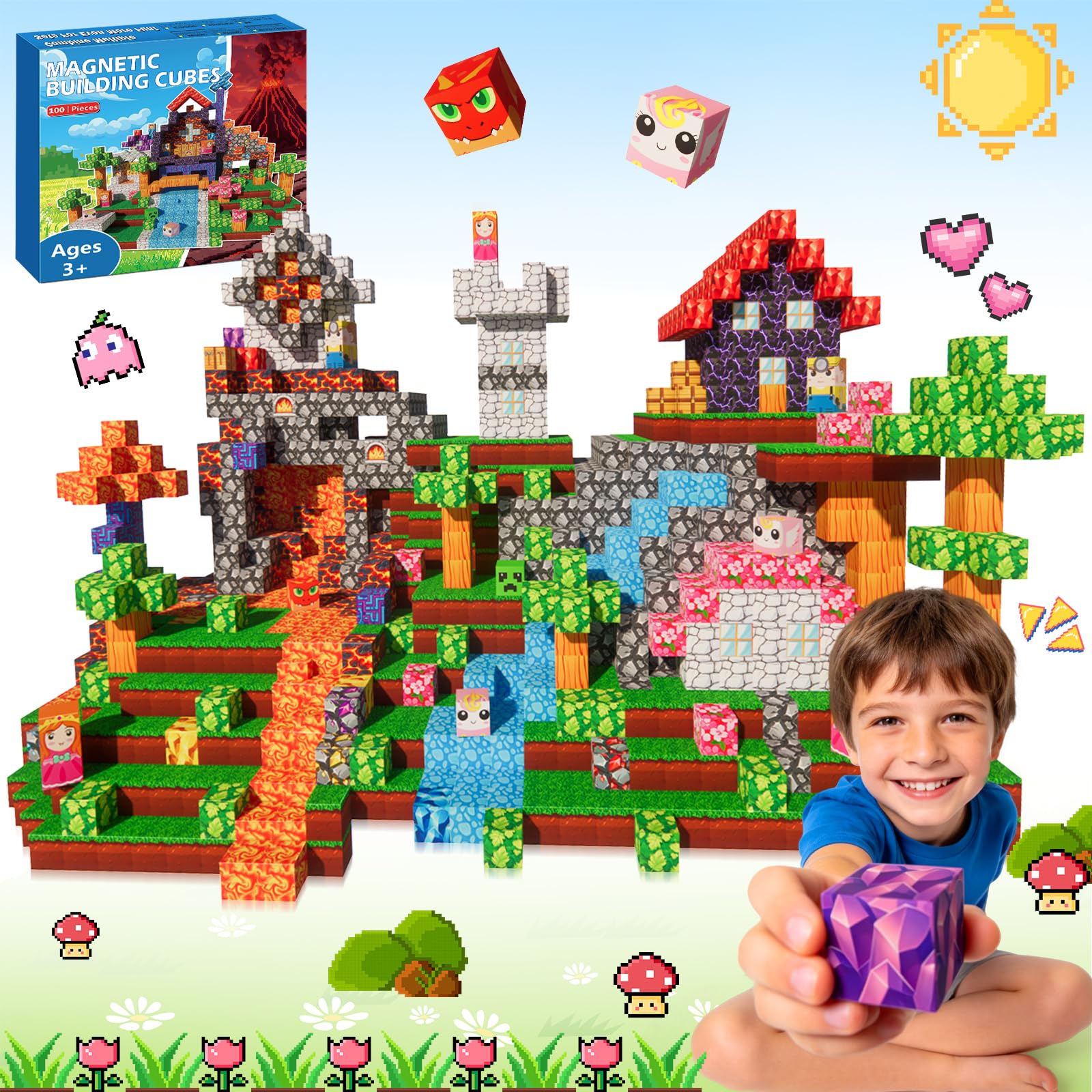 Magnetic Building Blocks 100pcs Construction Cube Toys for 3 year old boys girls Learning Educational STEM Montessori Sensory Toys for 3 4 5 6 7 8 9 10+ Year Old Christmas Birthday Gift-100pcs
