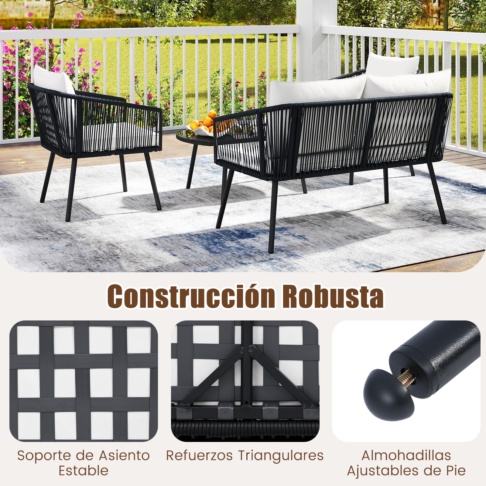 COSTWAY Conjunto Jardin Exterior de 4 Piezas, Tejido de Cuerda de PE, Sofá de 2 Plazas y 2 Sillas con Cojines, Mesa de Café de Vidrio Templado, Mesa y Sillas Terraza Balcon Exterior