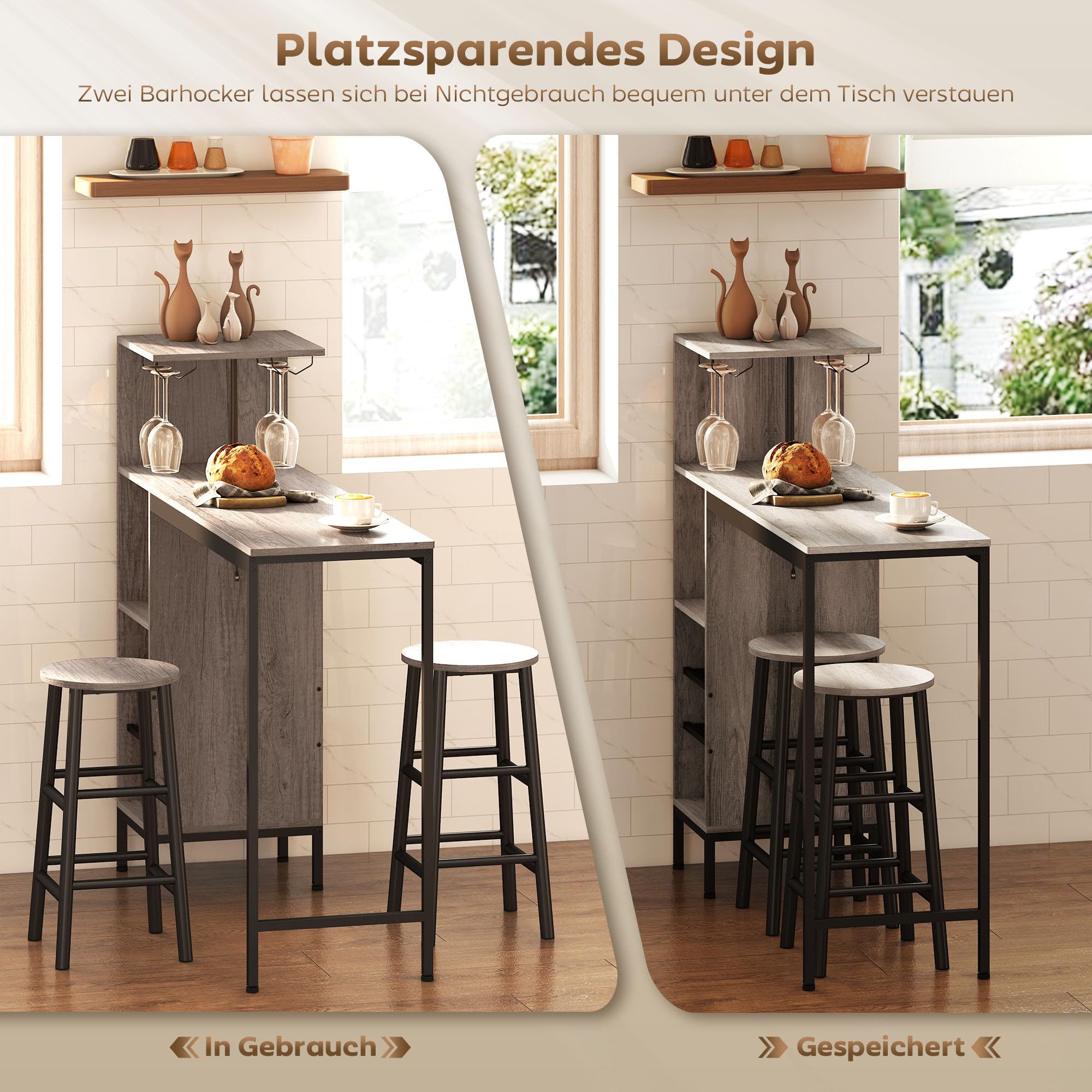 HOMCOM Bartisch mit Barhocker Set Tresentisch mit 2 Stühlen mit Fußstütze, Esstisch mit Weinglashalter, Ablage, Weinregal, Industrial Bartisch Set für Esszimmer, Kleine Raum, Grau