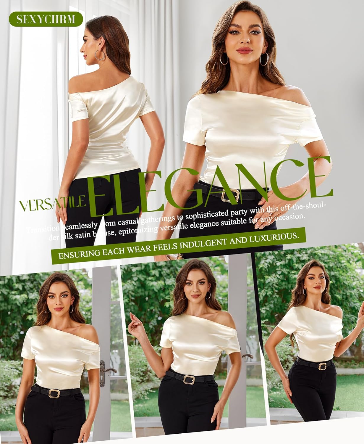 Silk Satin Tops for Women - Off The Shoulder Blouse Dressy Casual Short Sleeve Ruched Elegant Tunic Shirts - Image 4