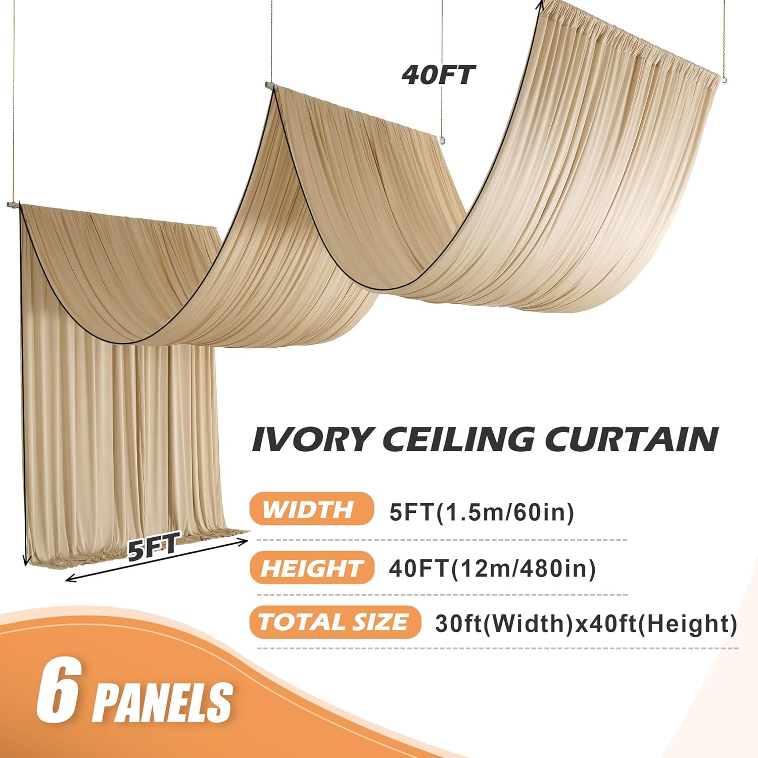 30ft×40ft Champagne Ceiling Drapes for Weddings Parties,6 Panels 5×40ft Long Ceiling Curtain for Tent Canopy,Wrinkle Free Silky Easy to Hang&Draping Drapes for Backdrop Event Church Stage