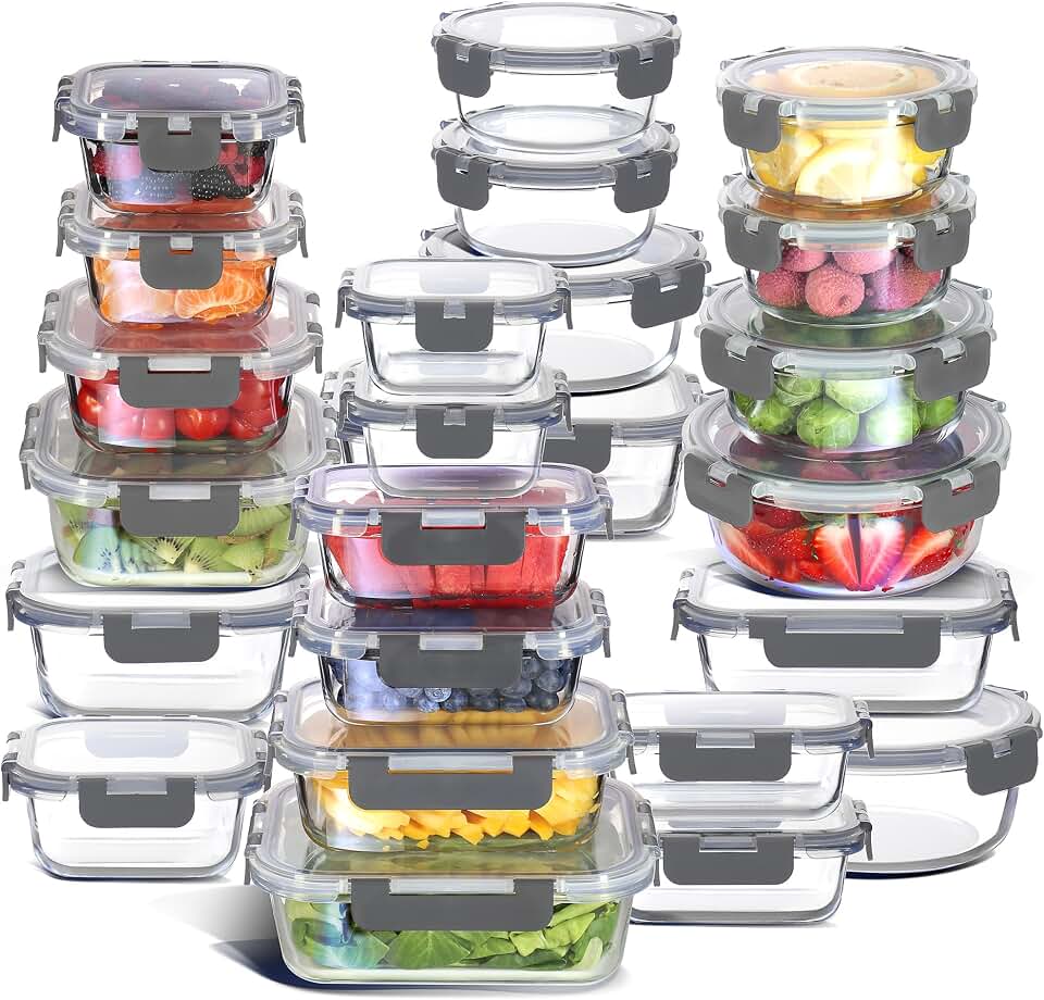 48pc Glass Storage Containers with Lids, 24 Glass Food Storage Containers with 24 Airtight Lids for Pantry & Kitchen, Meal Prep Co