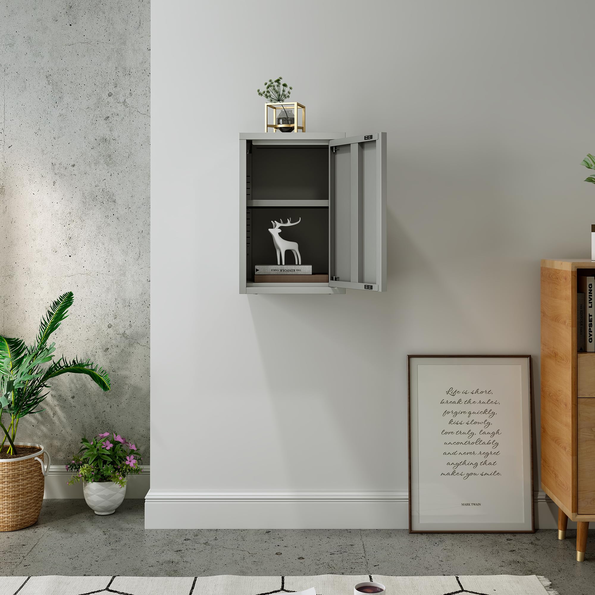 [en.casa] Mobiletto a Muro con Anta Armadietto Pensile a Parete con Ripiano Regolabile in Altezza Mobile in Acciaio per Bagno Ingresso Ufficio 50x33x35 cm - Grigio