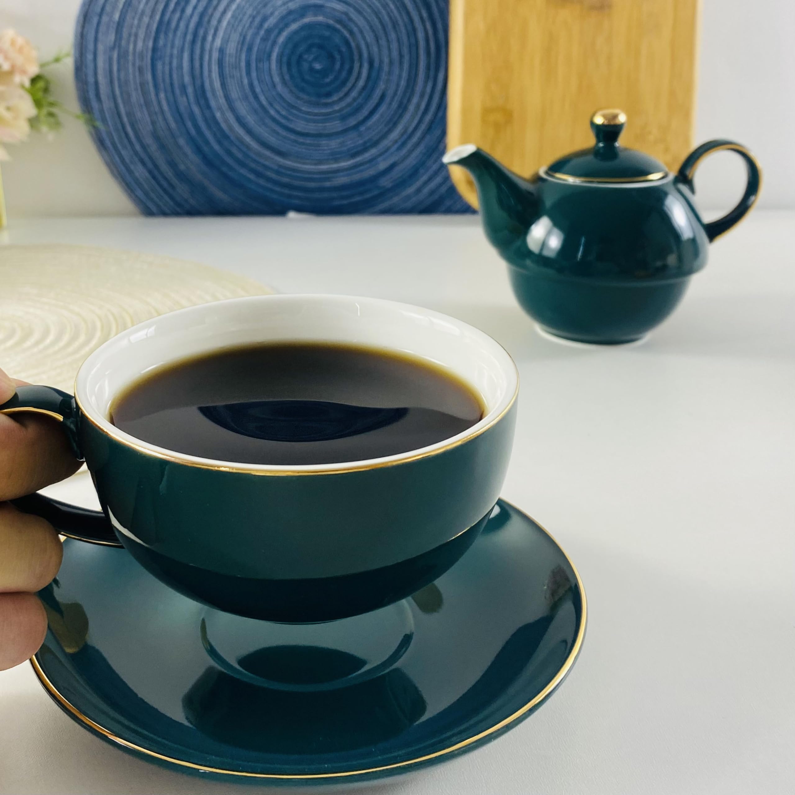YBK Tech Euro Style - Juego de tetera y platillo de té para un juego de té de porcelana de hueso, taza de té de cerámica para desayuno en casa cocina – verde pavo real