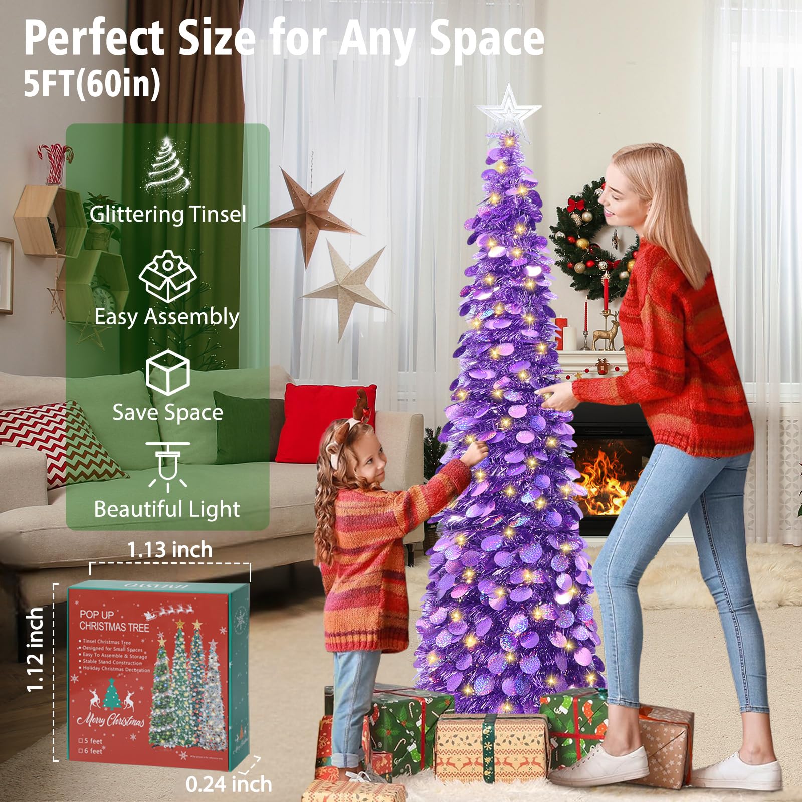 HMASYO Sapin de Noël pop-up de 1,5 m avec lumières minuterie, sapin de Noël artificiel pliable pour intérieur, maison, appartement, porche, décorations de fête de vacances - Violet