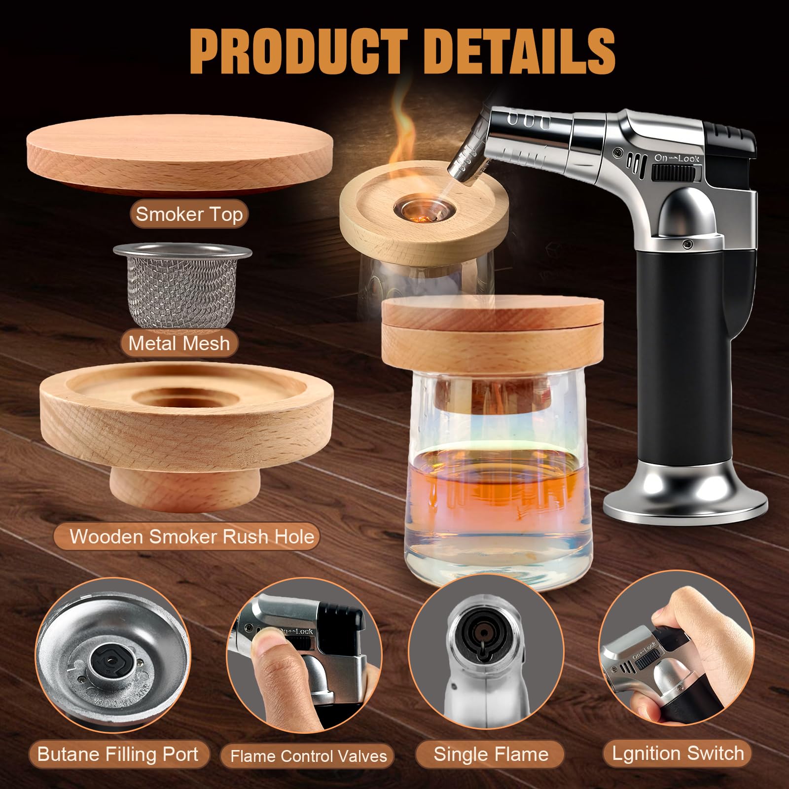 Kit de Fumoir Cocktail, MKNZOME Kit de Fumoir à Whisky à l'ancienne avec 4 Saveurs de Copeaux de Bois Ensemble Fumeur Cocktail Cadeau d'anniversaire Noël Fête des Pères pour Homme, Papa, Mari