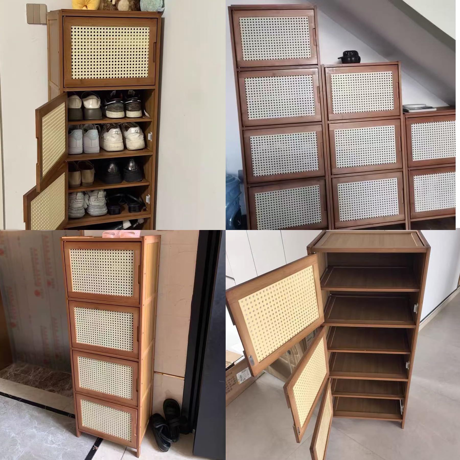 Zapatero De Bambú De 6 Niveles con Puertas De Mimbre Trenzado Zapateros Independientes para La Entrada Organizador De Zapatos Almacenamiento Oculto para Dormitorios,Tea Brown,43×32×97cm