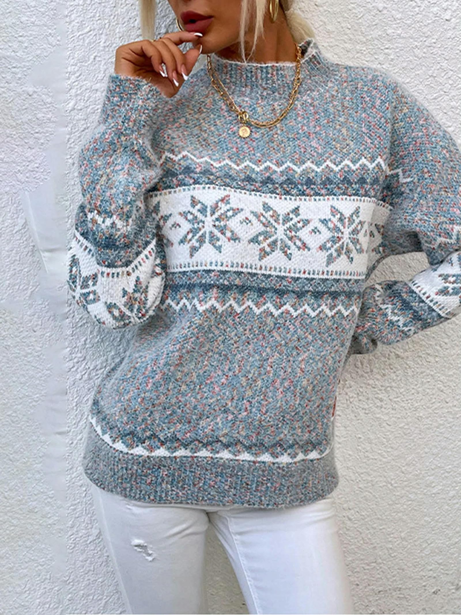 Maglione Natalizio Largo da Donna, con Stampa a Fiocchi di Neve, a ma Lunghe, con Collo Alto e Mezza Manica, Maglione Largo per Le Vacanze Invernali, Maglia Rosa-M