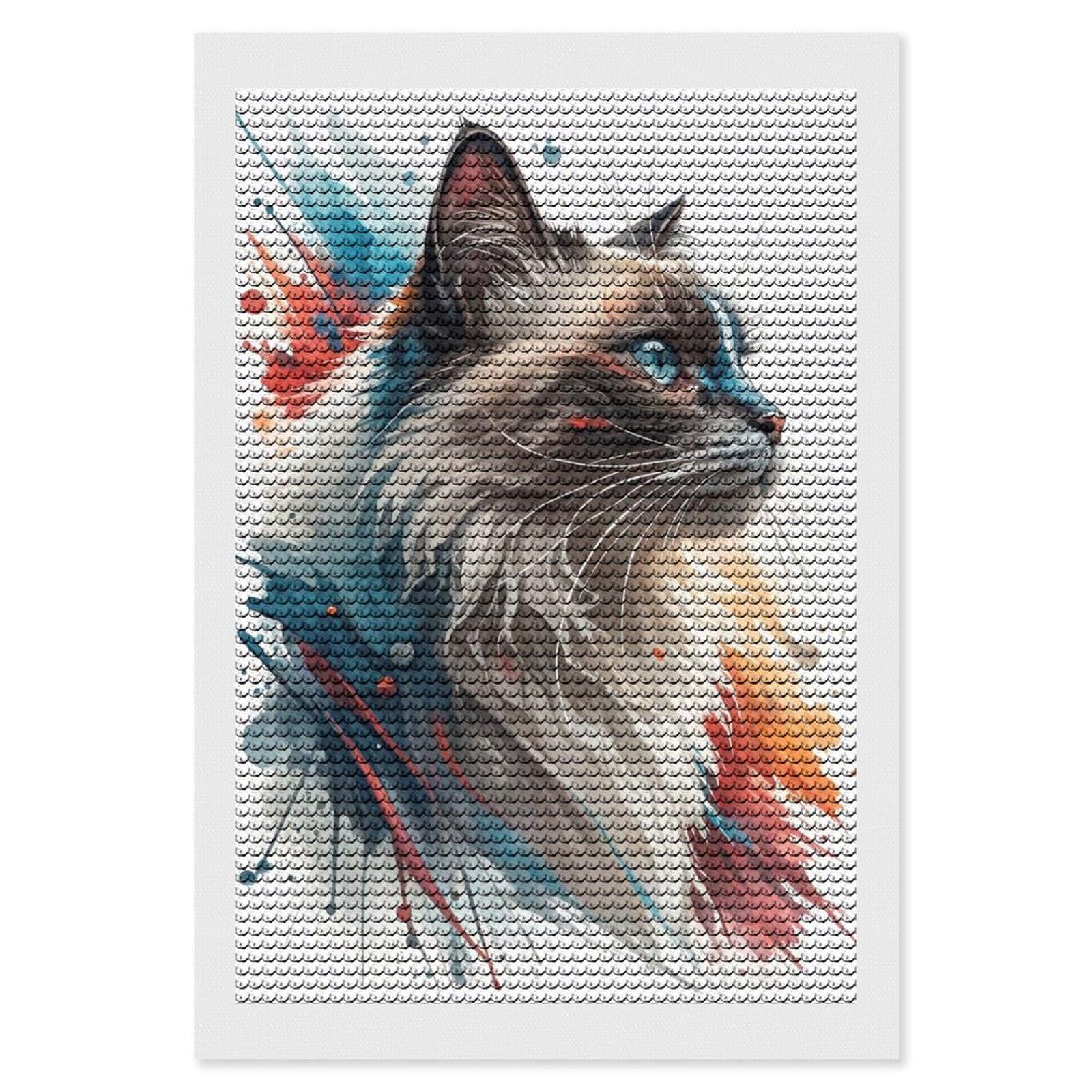 Junmoney Watercolor Cat Portrait with Blue Eyes Diamond Painting Set 8"x12", Full Kit Included, Sparkling Round Gems, Farmhouse Decor, Festive Craft Gift