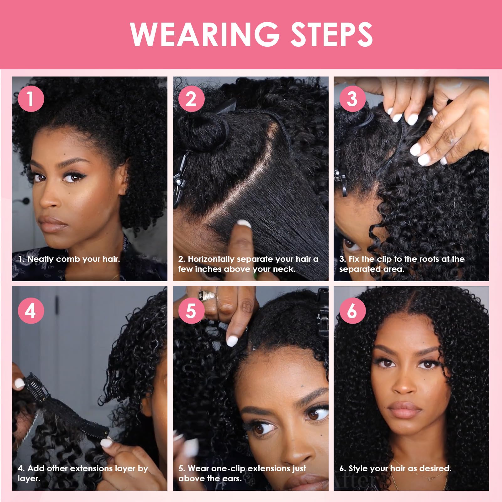 Lot de 7 extensions de cheveux humains afro bouclés à clipser pour femme noire - 4A 4B - Cheveux afro crépus bouclés - Noir naturel - Double trame - 30,5 cm - 120 g