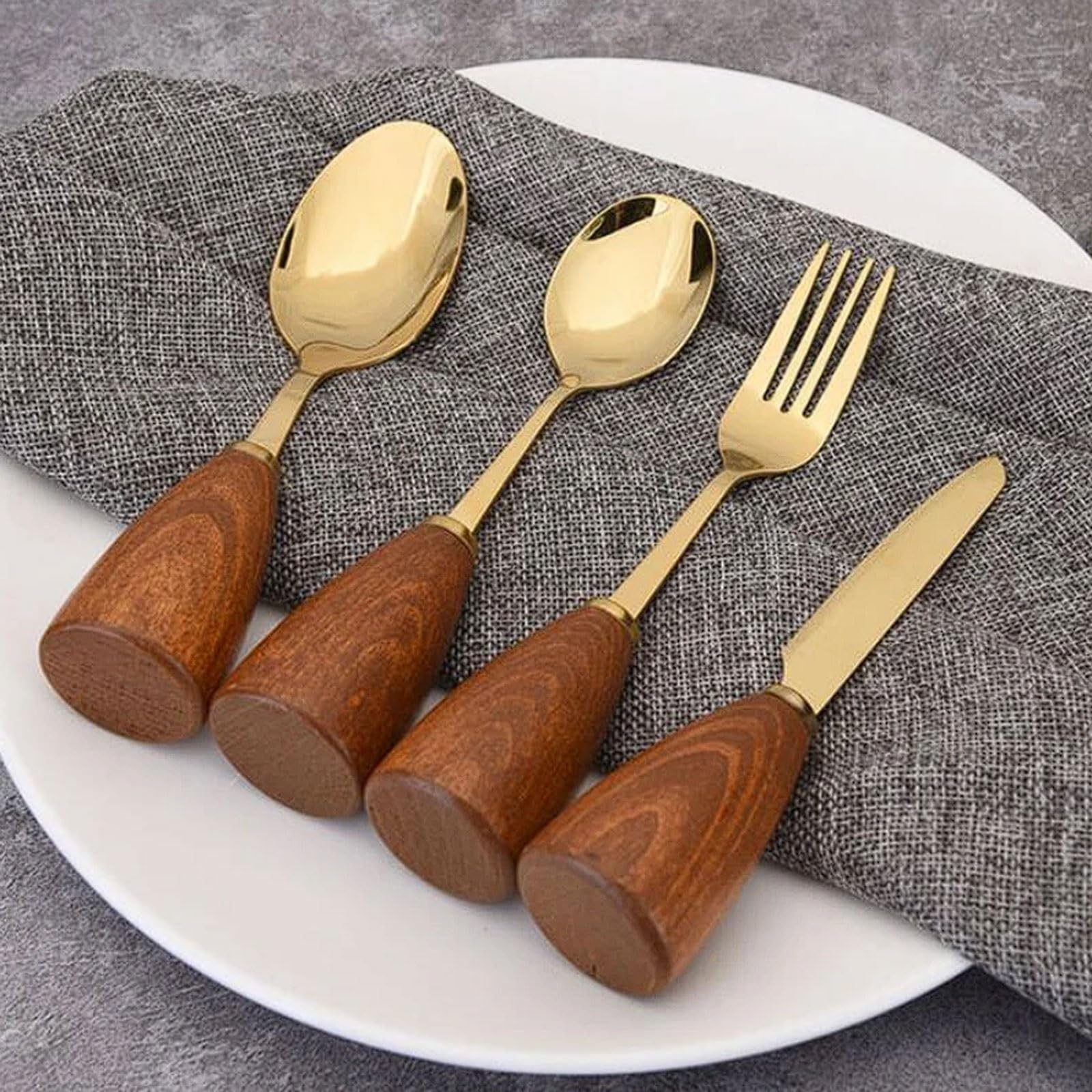 Juego de cubiertos chapados en oro con mango madera 4 piezas, vajilla occidental acero inoxidable for cena, tenedor, cuchara, cuchillo