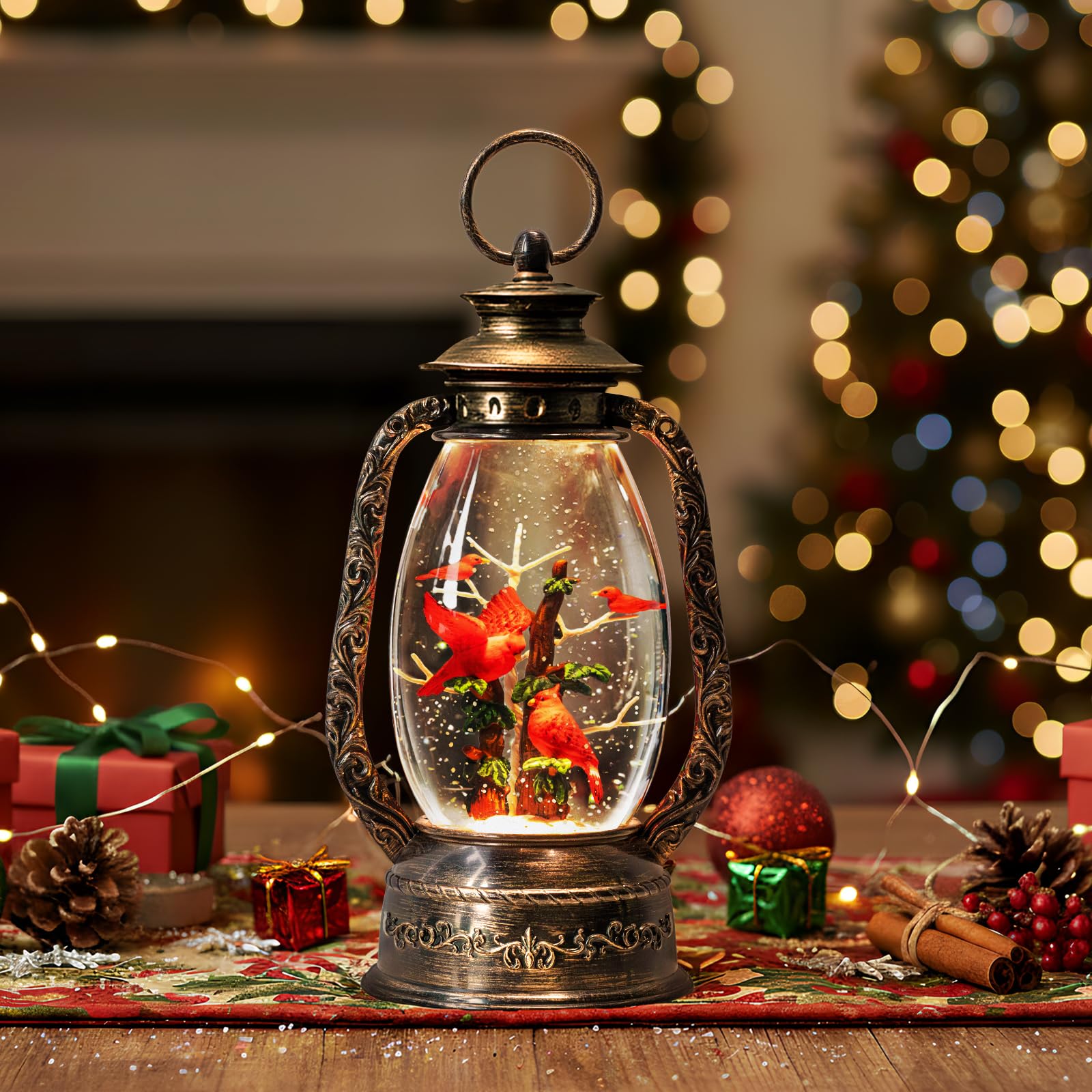 Lanterna natalizia a forma di globo di neve, 30,5 cm, cardinali con musica e timer, con cavo USB, alimentata a batteria, lanterna illuminata per feste di Natale, decorazioni e regali