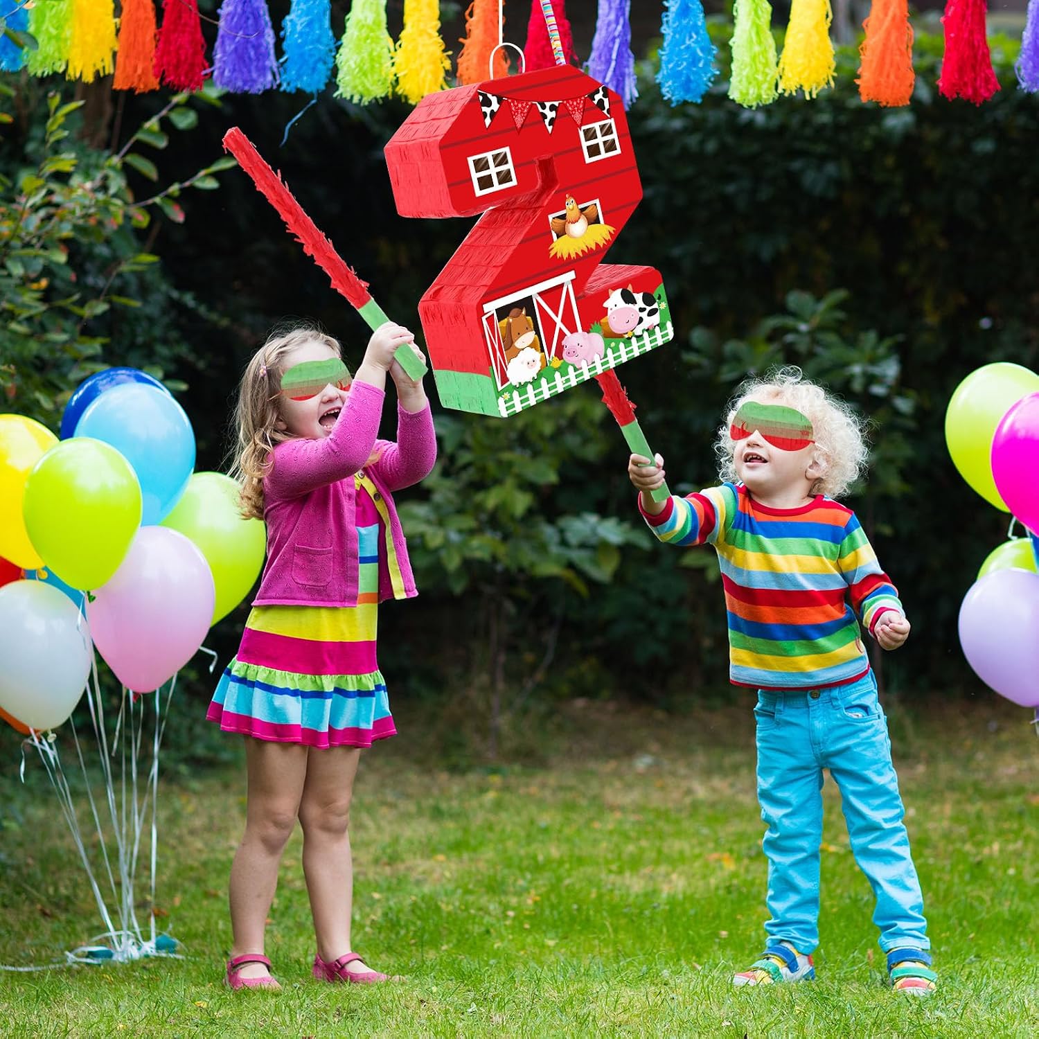 Hungdao Farm Birthday Piñata Number Piñata with Blindfold Bat and Confetti Farm Animal Piñata for Boys Girls Birthday Party Decorations Barnyard Baby Shower Carnival Game Supplies(Farm Number 2)