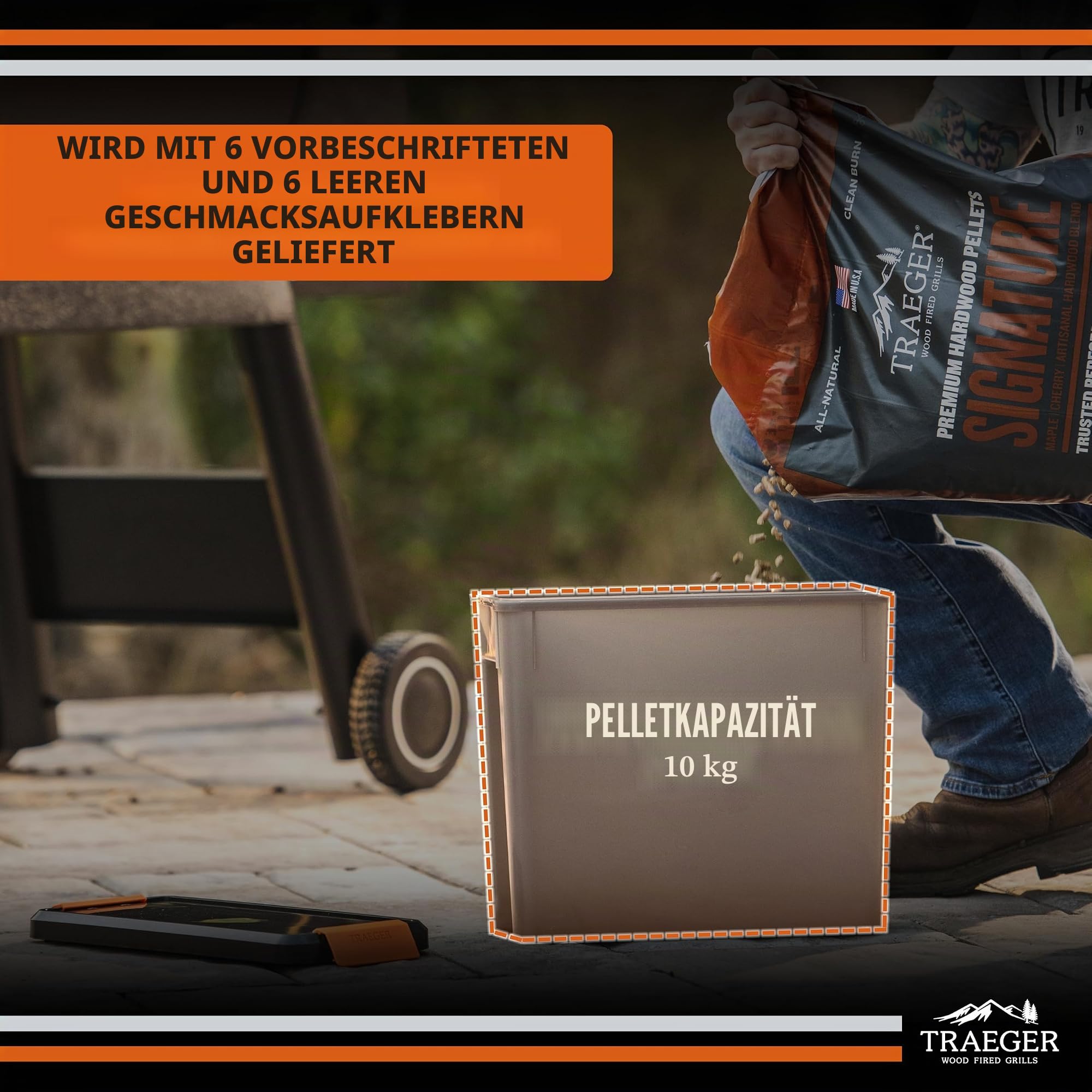 Traeger Grills BAC637 Stay Dry Pellet-Aufbewahrungsbehälter mit verschließbarem Deckel, 10 kg Kapazität, Holzpelletbehälter mit Geschmacksaufklebern, stapelbares Design, luftdichte Aufbewahrung für
