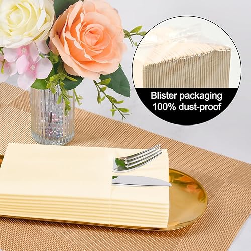 Miniatura 6 de Servilletas desechables color crema, paquete de 50 servilletas de papel de tacto de lino con bolsillo integrado para cubiertos, tela preplegada como