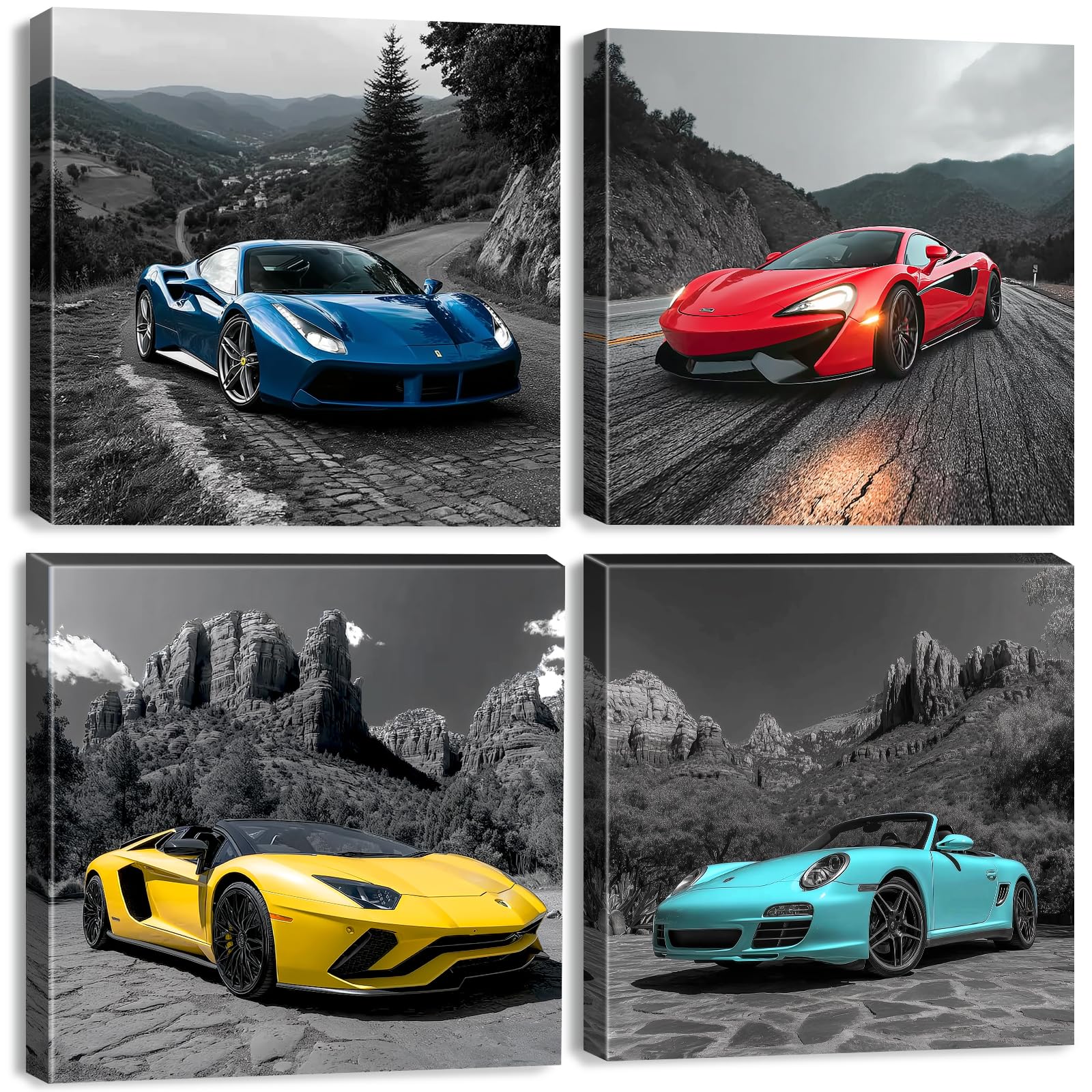 4 Pieces Sports Car Posters Supercar Canvas Wall Art for Man Boys Room Decor, Framed Modern Racing Sports Car Wall Prints for Bedroom Black and White Automotive Decor for Man Cave Living Room 30x30cm
