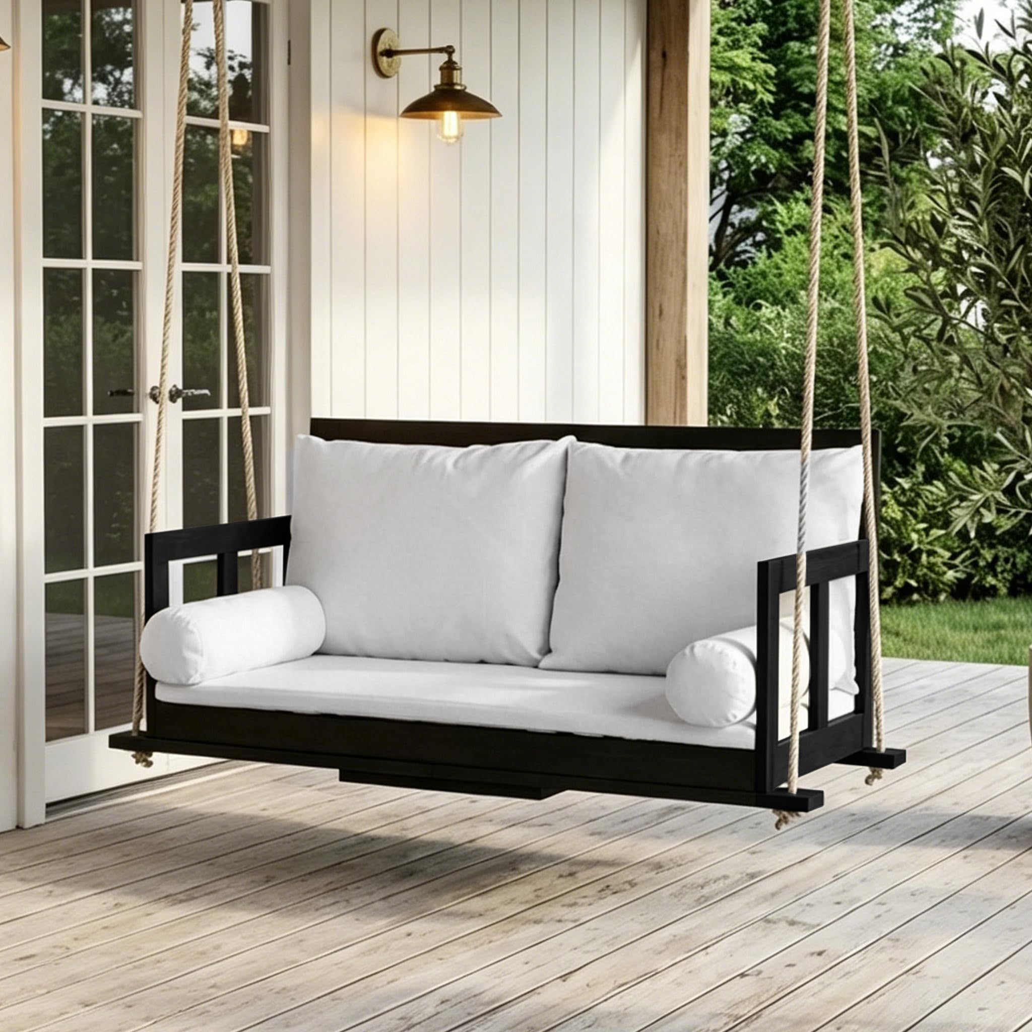 Asiento doble de columpio para jardín al aire libre, columpio colgante con cojín y dos cuerdas, cojín extraíble y lavable, de madera de acacia, color negro y beige