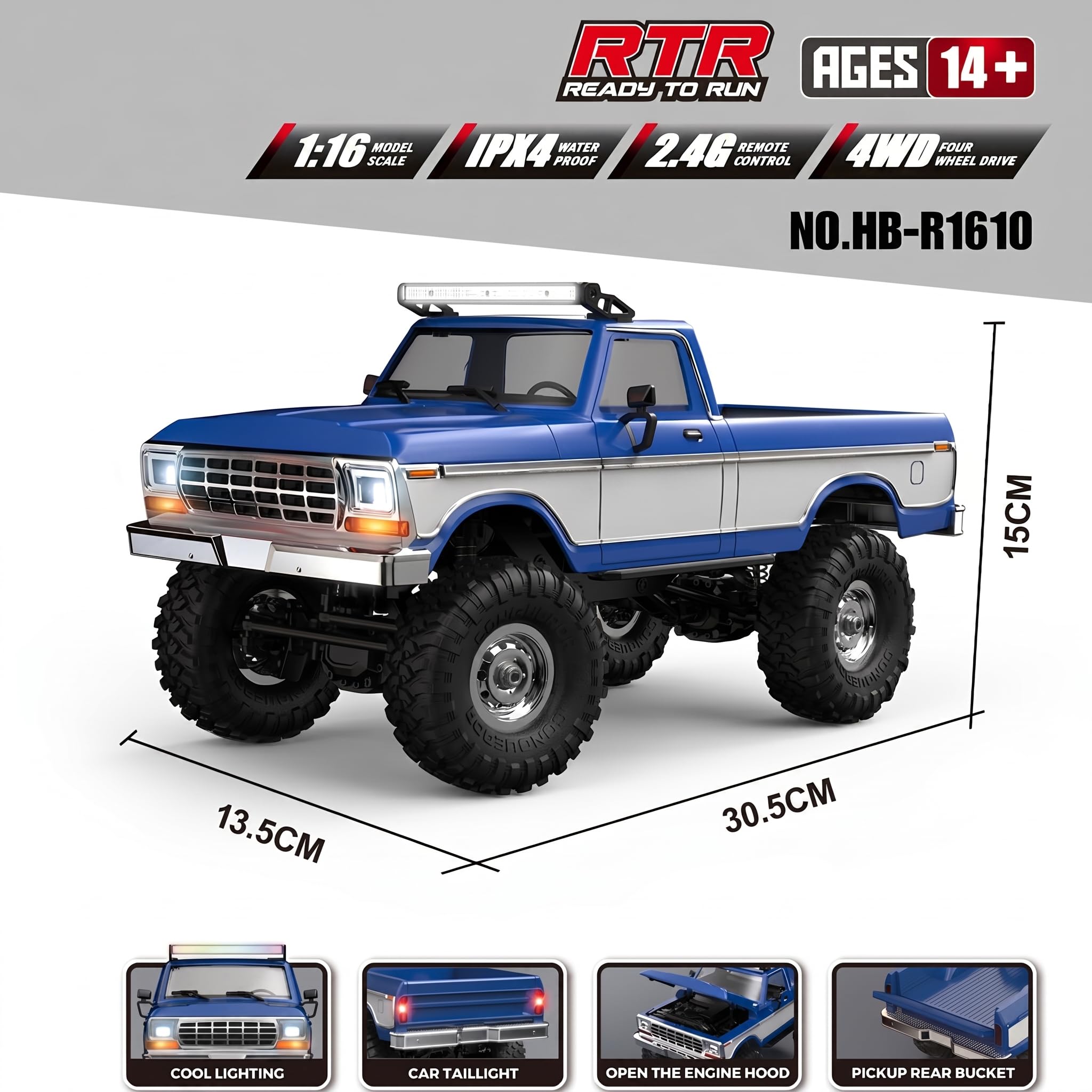 Coche teledirigido 1/16, camioneta proporcional de 2,4 G, todoterreno con 12 modos de faro, coche de hobby teledirigido para adultos (RTR/azul)