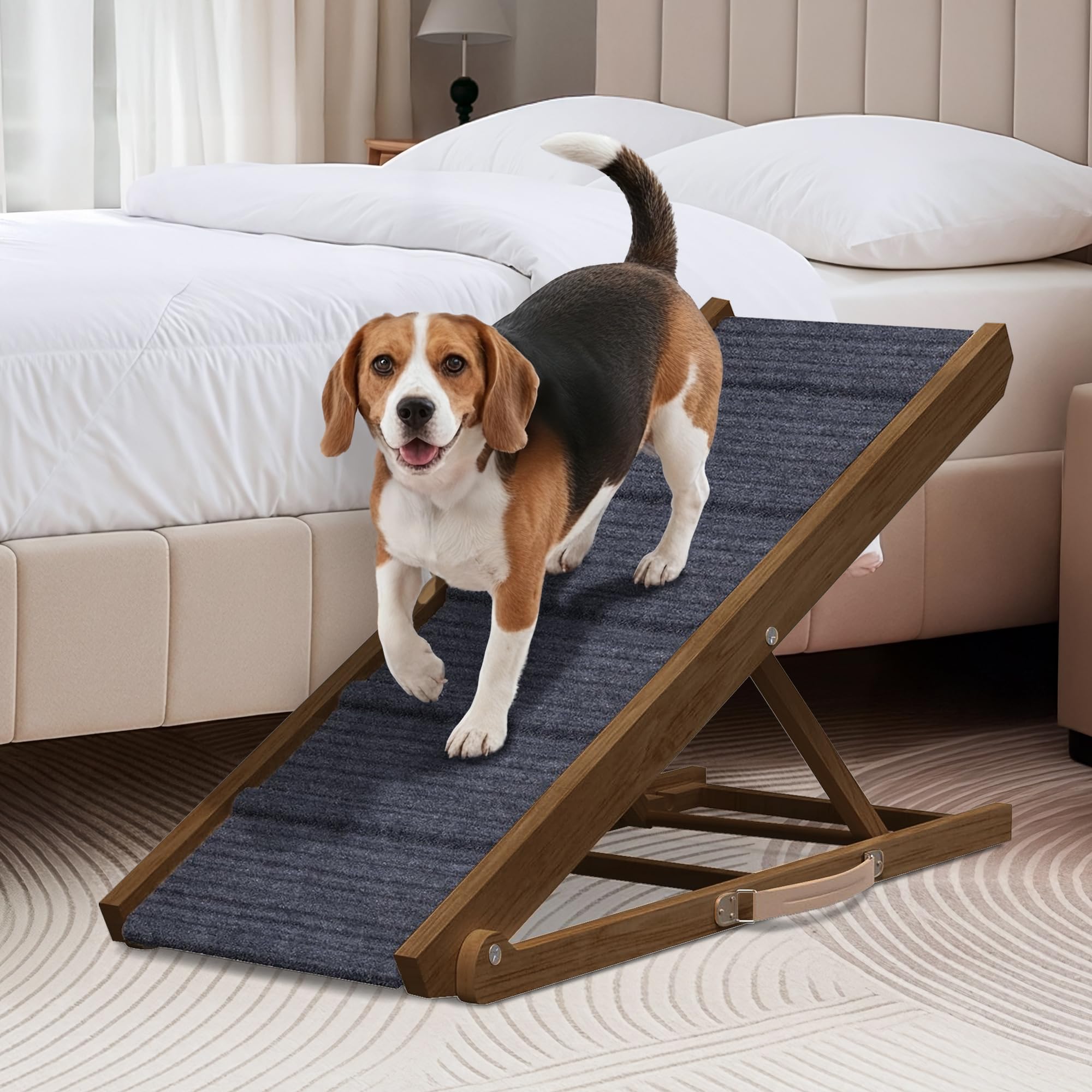 PATHOSIO PETS Adjustable Dog Ramp for Bed - Foldable Wooden Ramp for Dogs to Get on Bed, Couch, or Car with 13.4" Wide Walking Space (Walnut Wood with Gray Carpet, Medium)