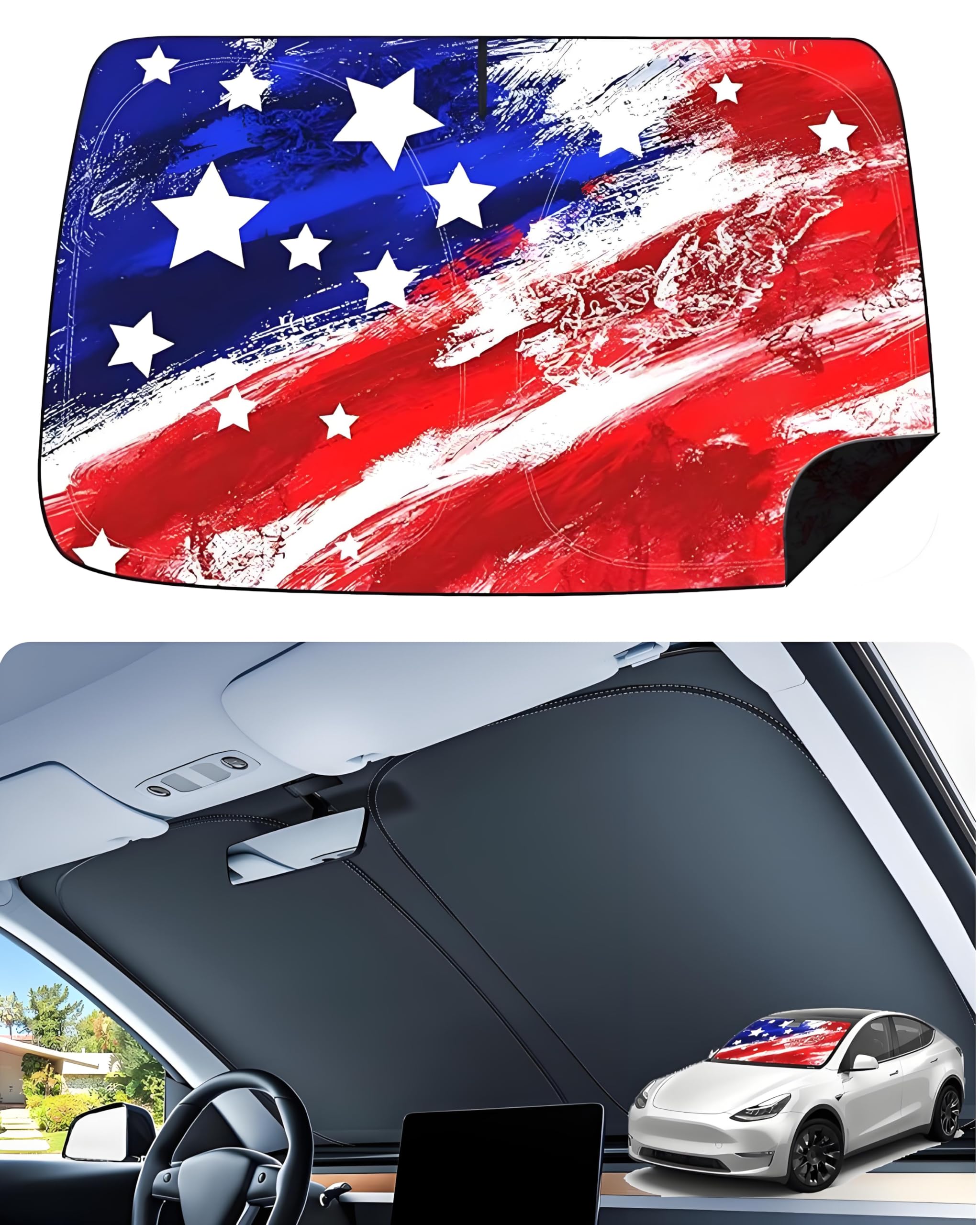 Photo 1 of Upgraded Shade Heat Shield for Tesla Model Y Accessories Windshield Sunshade, American Flag Sun Shade Fit with Juniper 2020-2026 Foldable Front Window Sun Visor [100% Sun/UV Rays Blockage ]