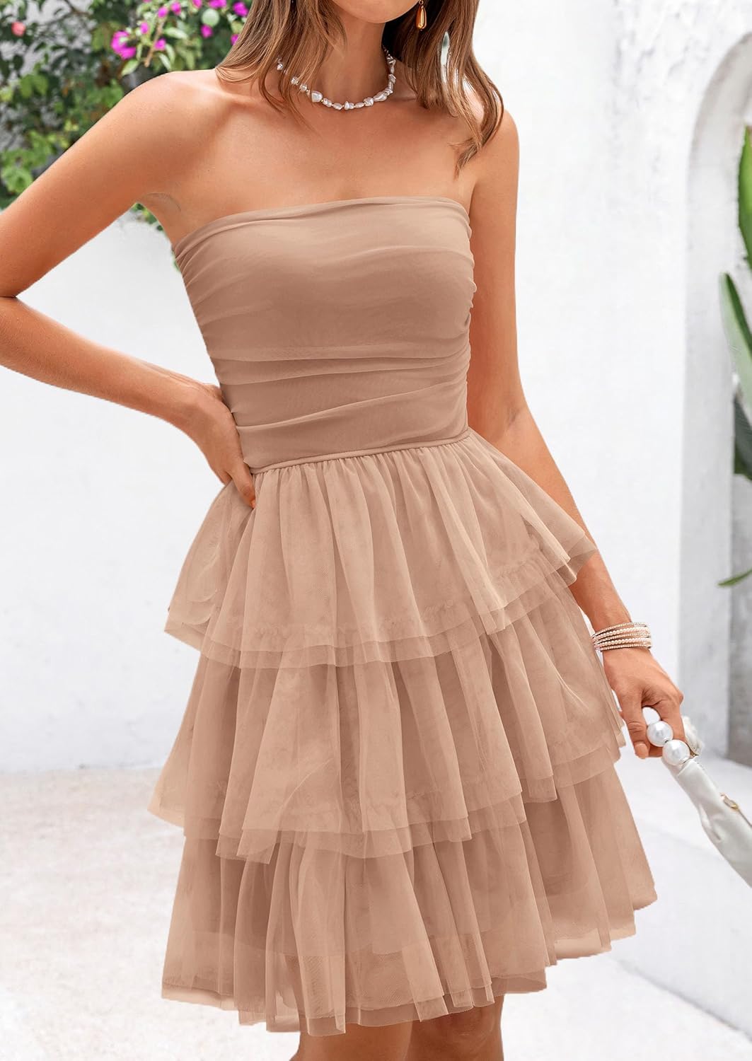 PRETTYGARDEN Womens Tulle Dress Strapless Tube Top Short Dress Summer Ruffle Tiered Party Wedding Guest Dresses Large